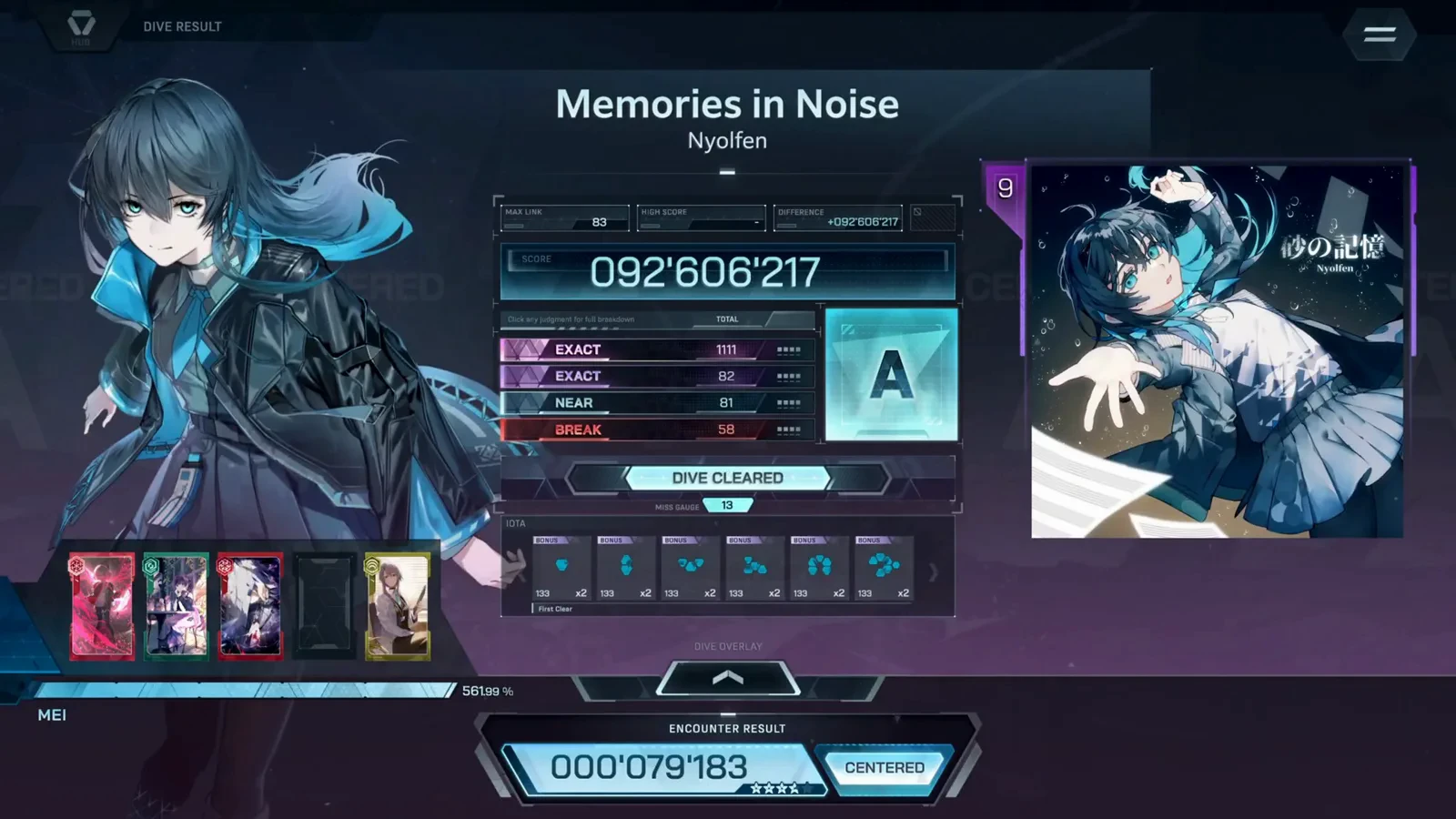 In Falsus Memories in Noise ULT 9 result card at rank A reading EXACT 1111 + 82, NEAR 81, BREAK 58 — 1,332 judgements matching the catalog note split — with MAX LINK 83 and HIGH SCORE still a dash