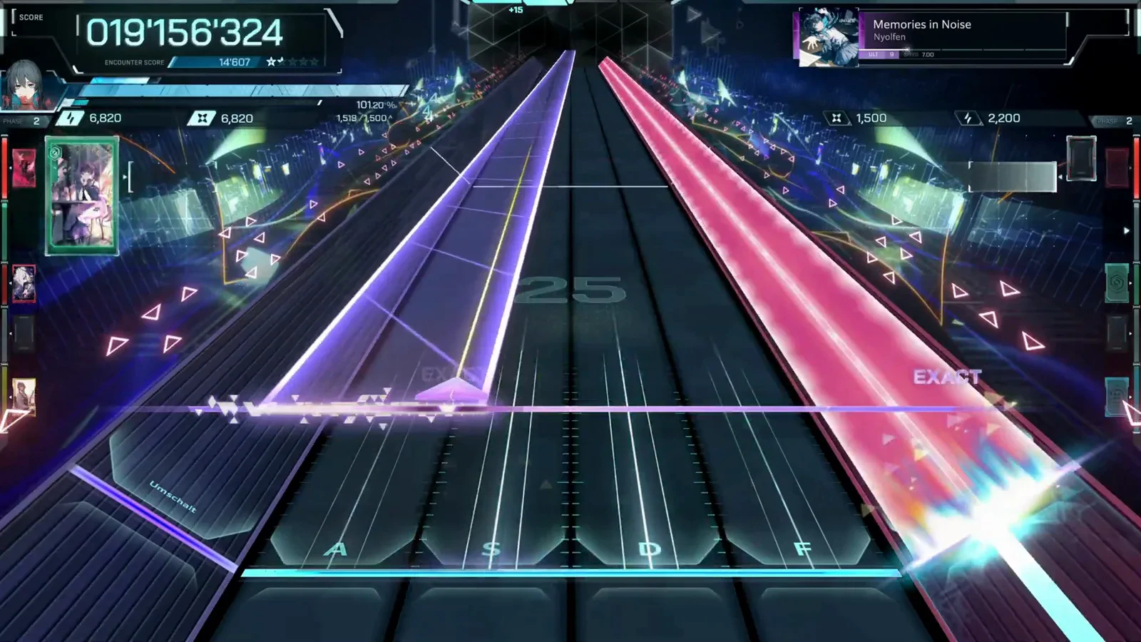 Memories in Noise ULT 9 twin-highway wall at 019'156'324 where a purple beam and a pink beam rise side by side into two parallel roads in In Falsus