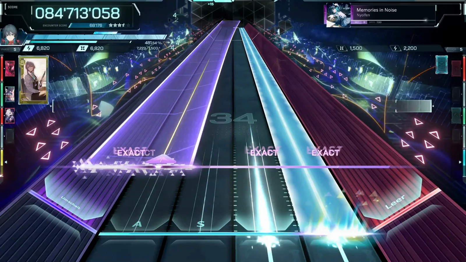 Memories in Noise ULT 9 side-lane squeeze at 084'713'058 — twin purple and cyan beams judging NEAR NEAR EXACT on both outer lanes in In Falsus