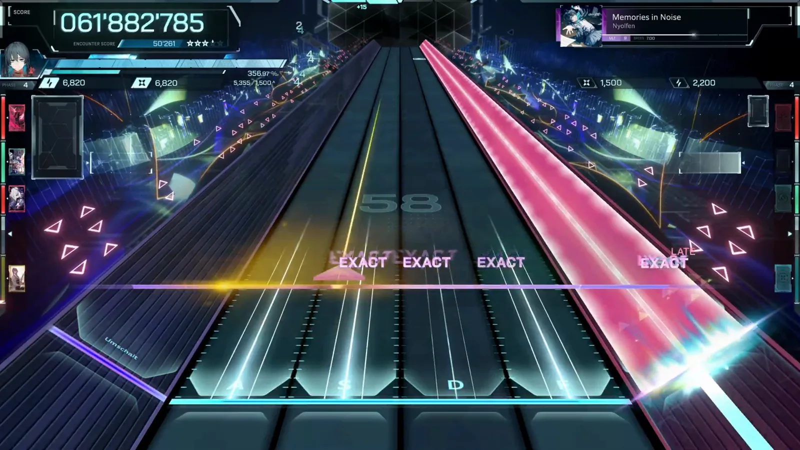 In Falsus Memories in Noise quad EXACT line at 061'882'785 with a LATE tag on the rightmost hit, a tall pink beam on the right rail and a yellow wedge crossing center