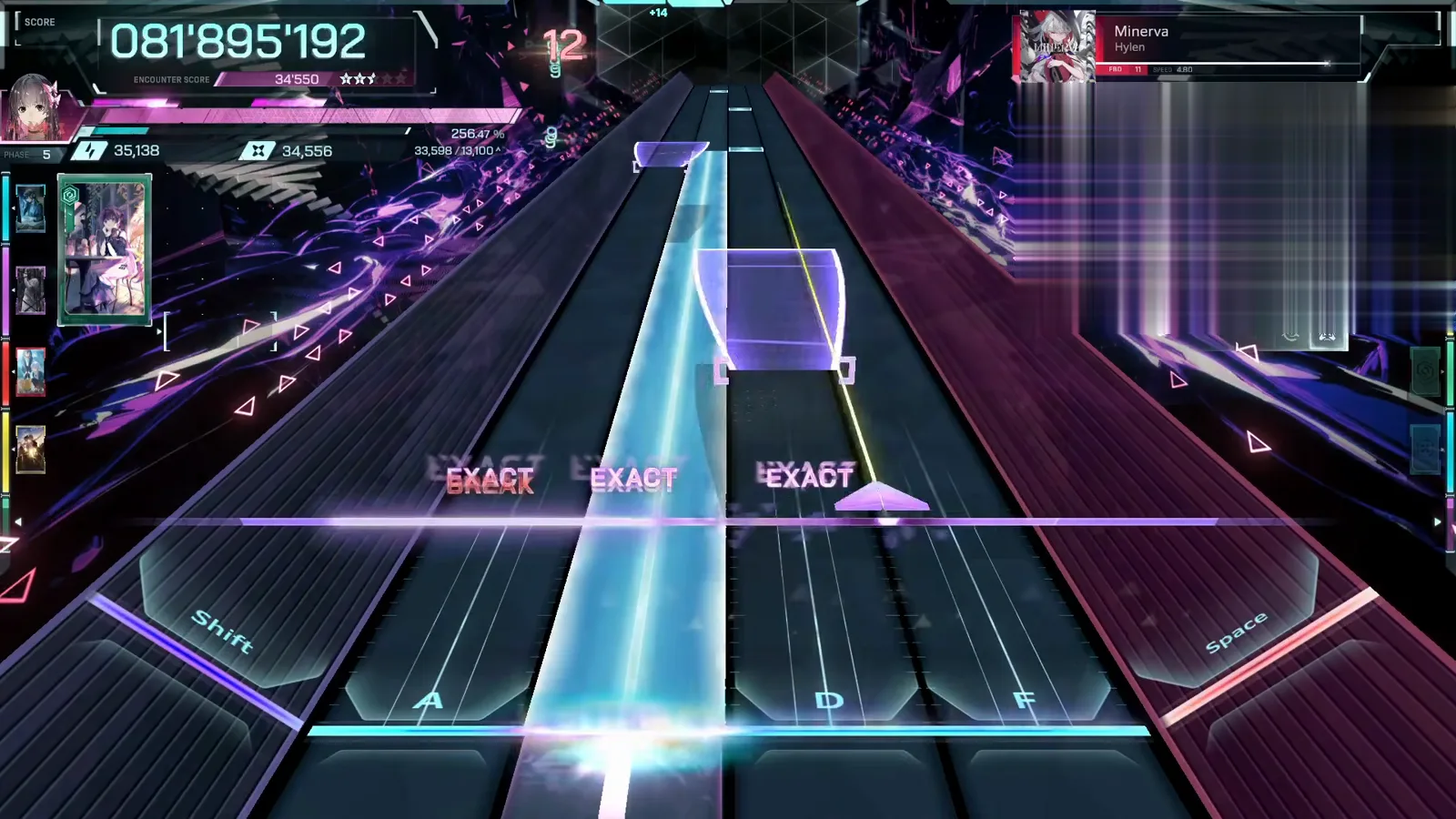 Rebuilding after a break In Falsus Minerva FBD 11: chain numbers flash red after a break as a triple EXACT row rides the cyan beam, 081'895'192