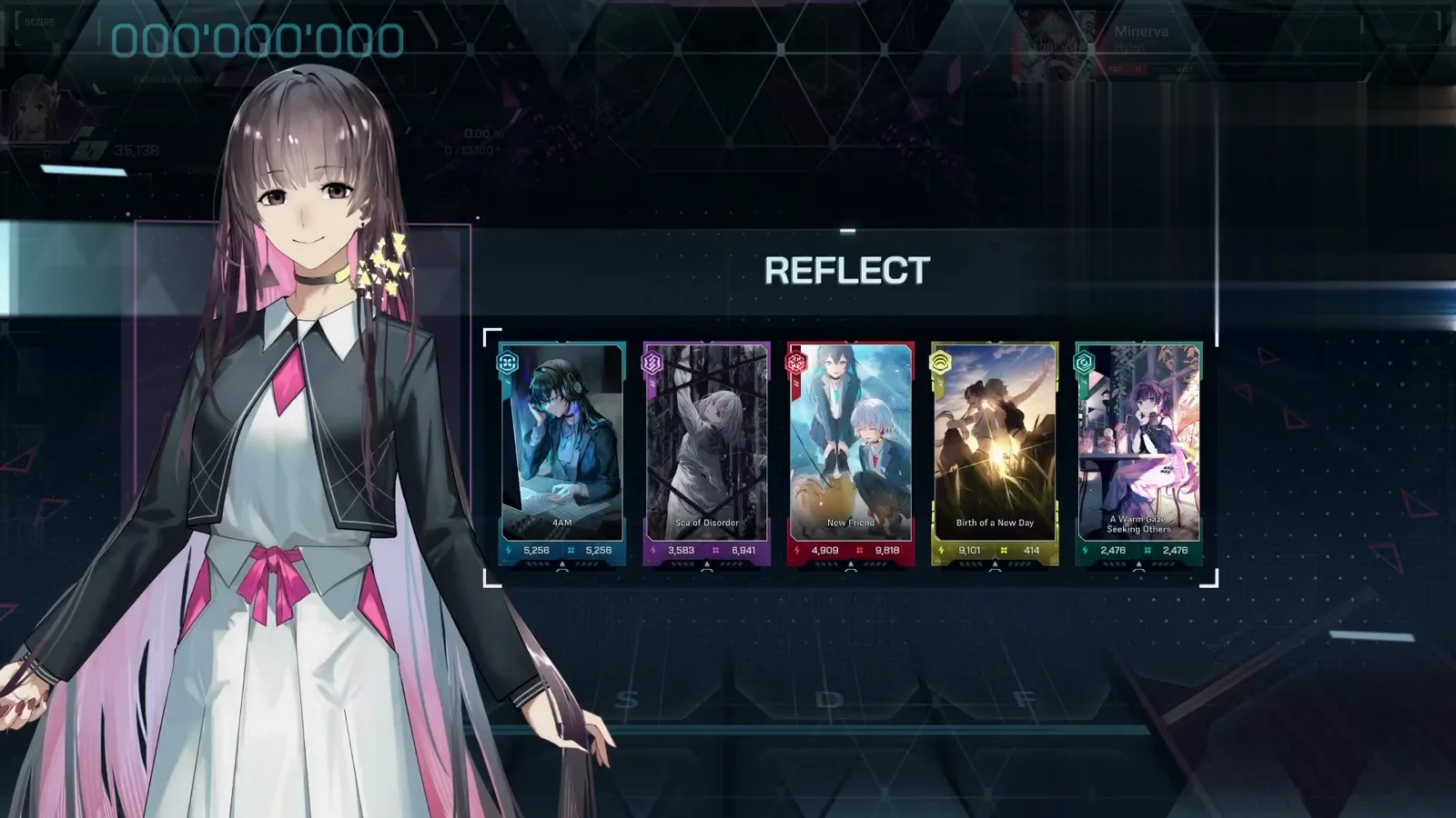 The REFLECT loadout splash REFLECT splash before Minerva FBD 11 in In Falsus: AYAME fronting five named cards at 000'000'000