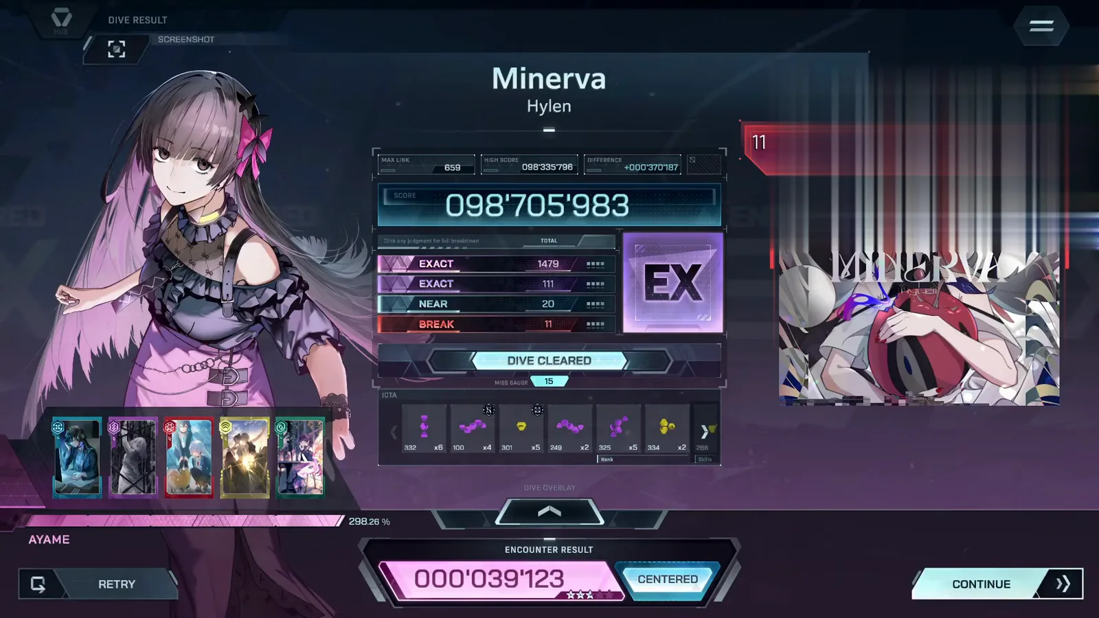 The settled result card Minerva FBD 11 settles its In Falsus DIVE RESULT: rank EX at 098'705'983, MAX LINK 659, NEAR 20, BREAK 11