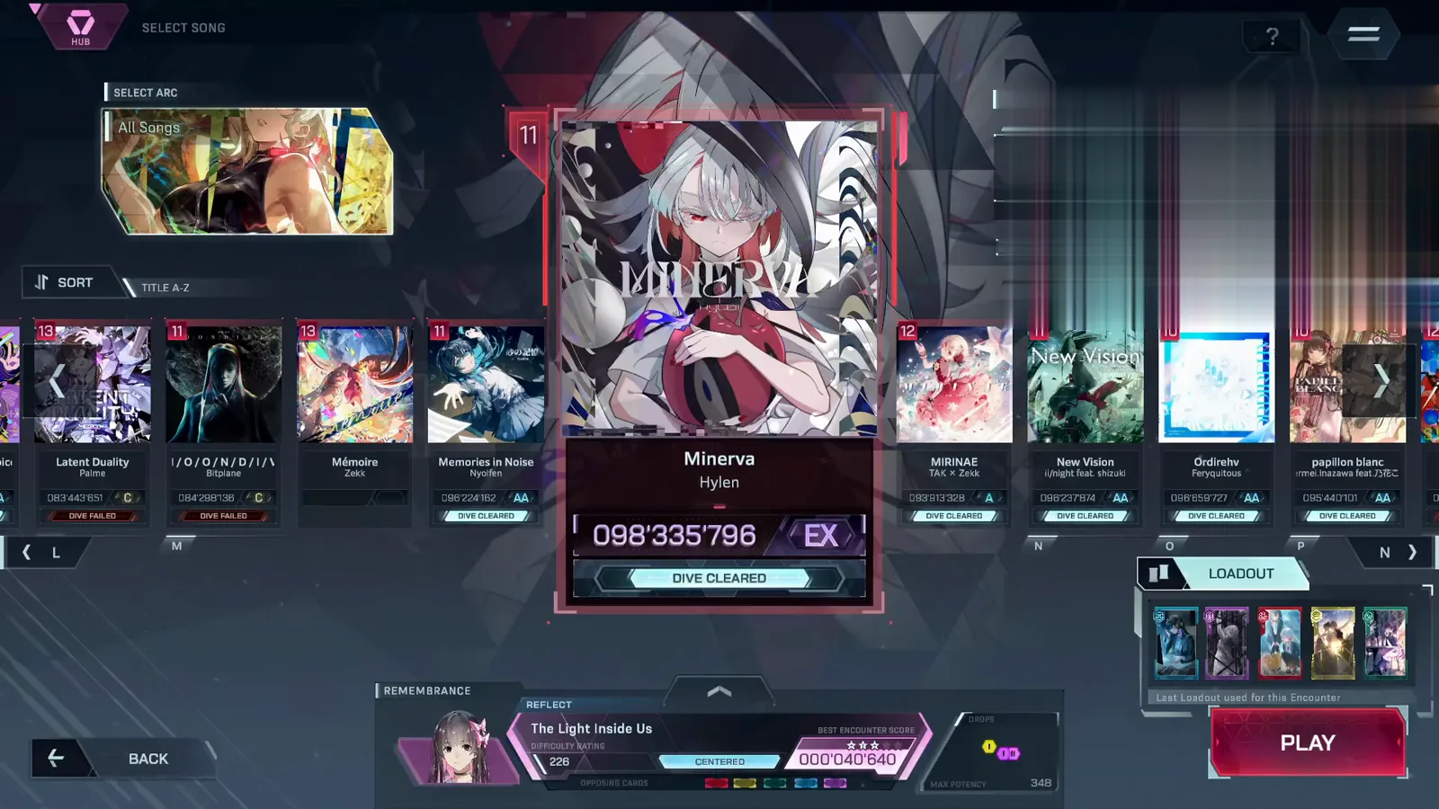 The prior best on screen In Falsus song select: the Minerva card — Hylen, level 11 — carries 098'335'796 EX under a DIVE CLEARED banner