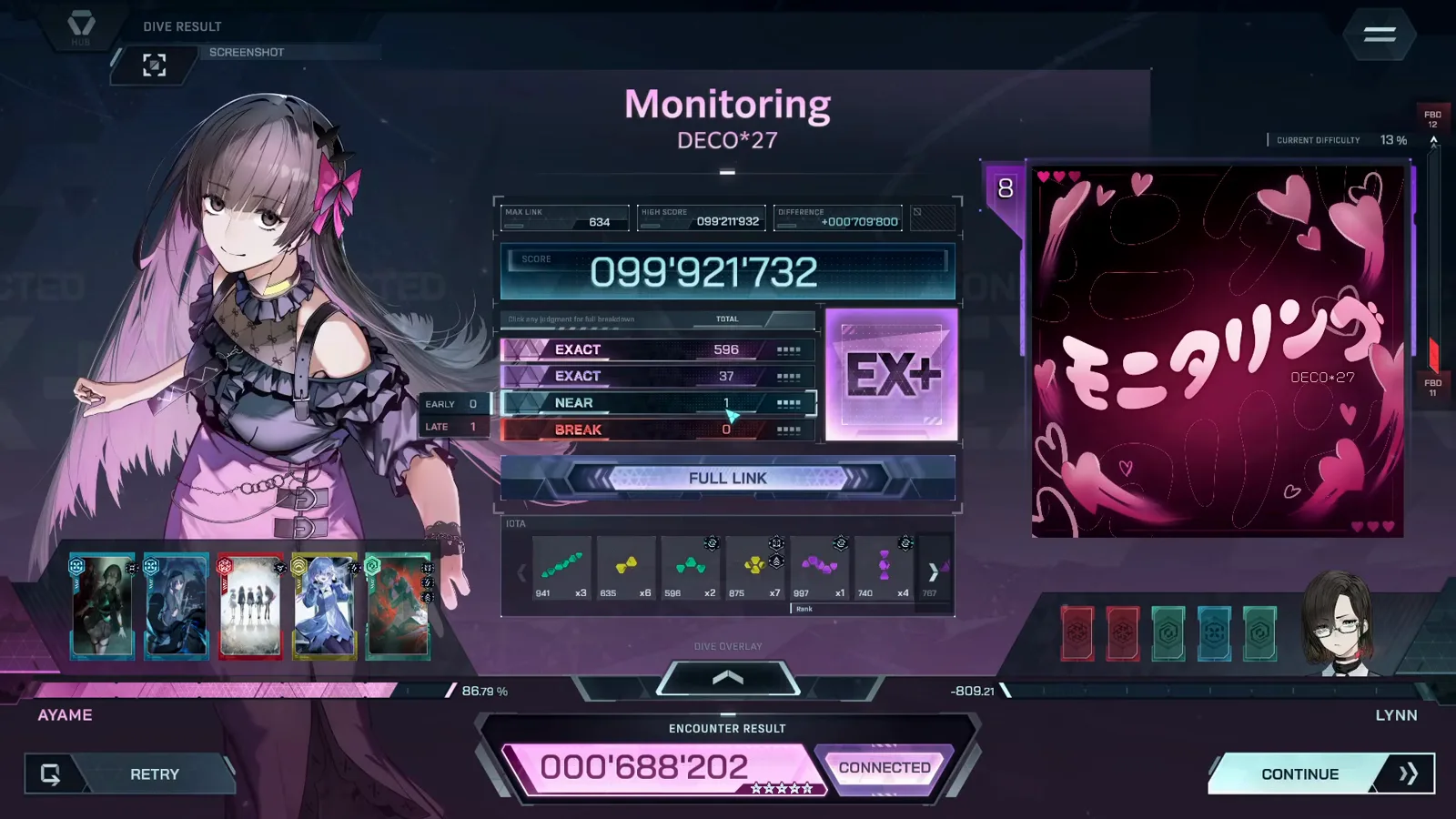 The settled result card In Falsus Monitoring ULT 8 result card: FULL LINK, rank EX+, 099'921'732, MAX LINK 634 and EXACT 596 + 37