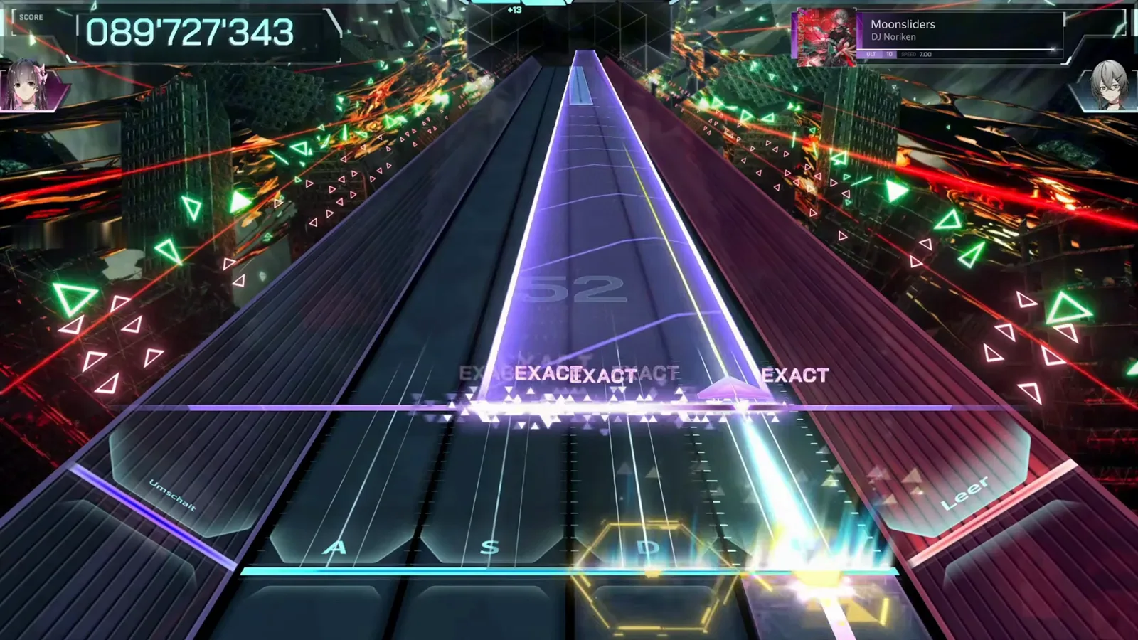The climax of the Moonsliders ULT 10 chart in In Falsus stacks a wide triangular wall over rushing streams while yellow hold rings burst around the key caps