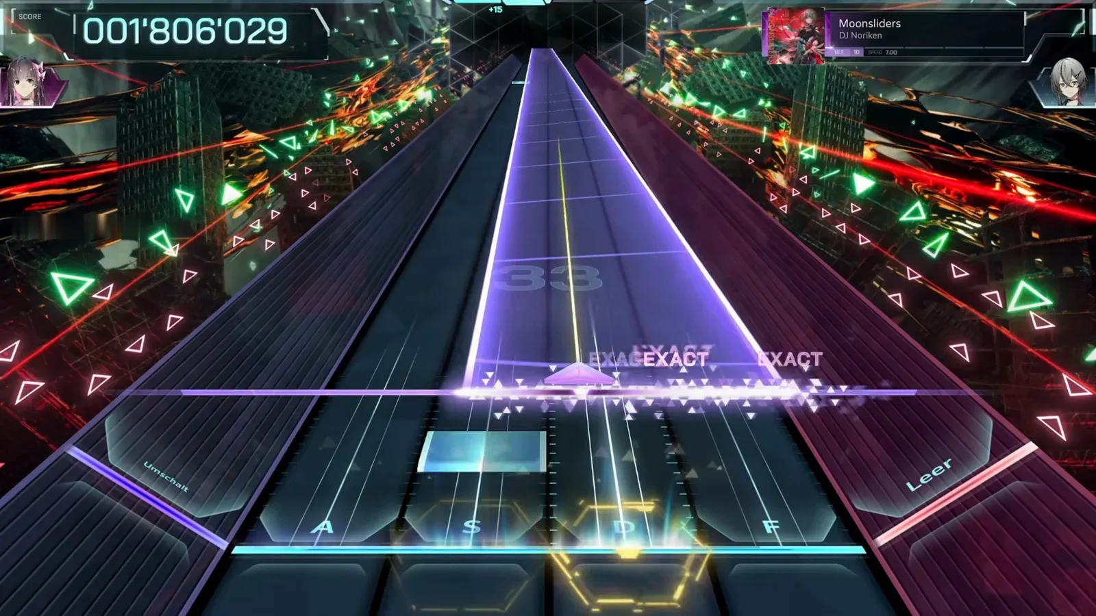 A long purple wide hold sweeps the lanes of the Moonsliders ULT 10 chart in In Falsus while a chain of EXACT judgements crosses the line and a yellow hexagonal ring blooms on a key cap