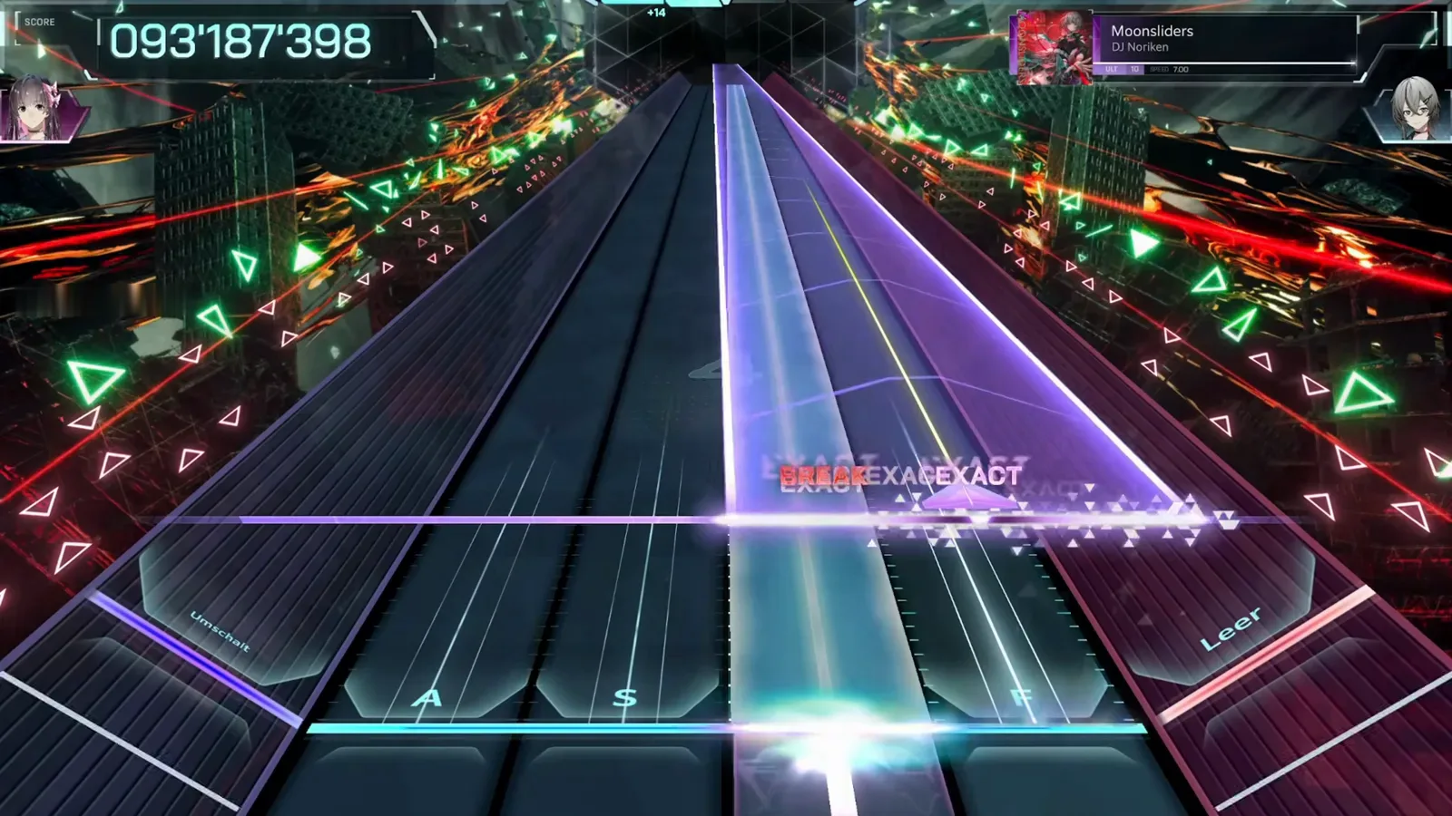 A red BREAK judgement flashes inside the final burst of the Moonsliders ULT 10 sightread in In Falsus, the score counter reading 093'187'398 while a stream keeps flowing
