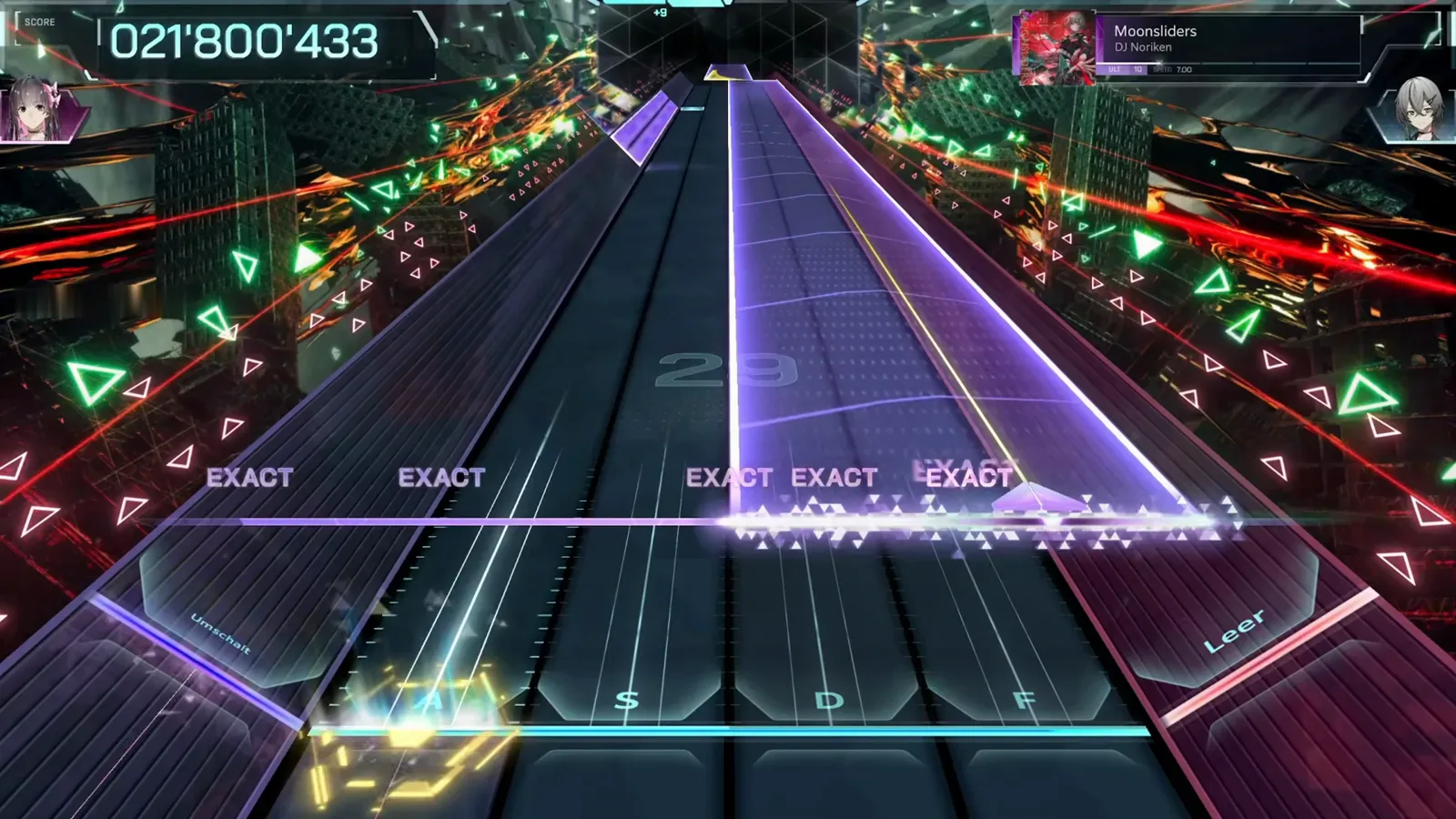 A wide purple hold wall stretches across the Moonsliders playfield in In Falsus while yellow hexagonal rings fire around the A S D F key caps below