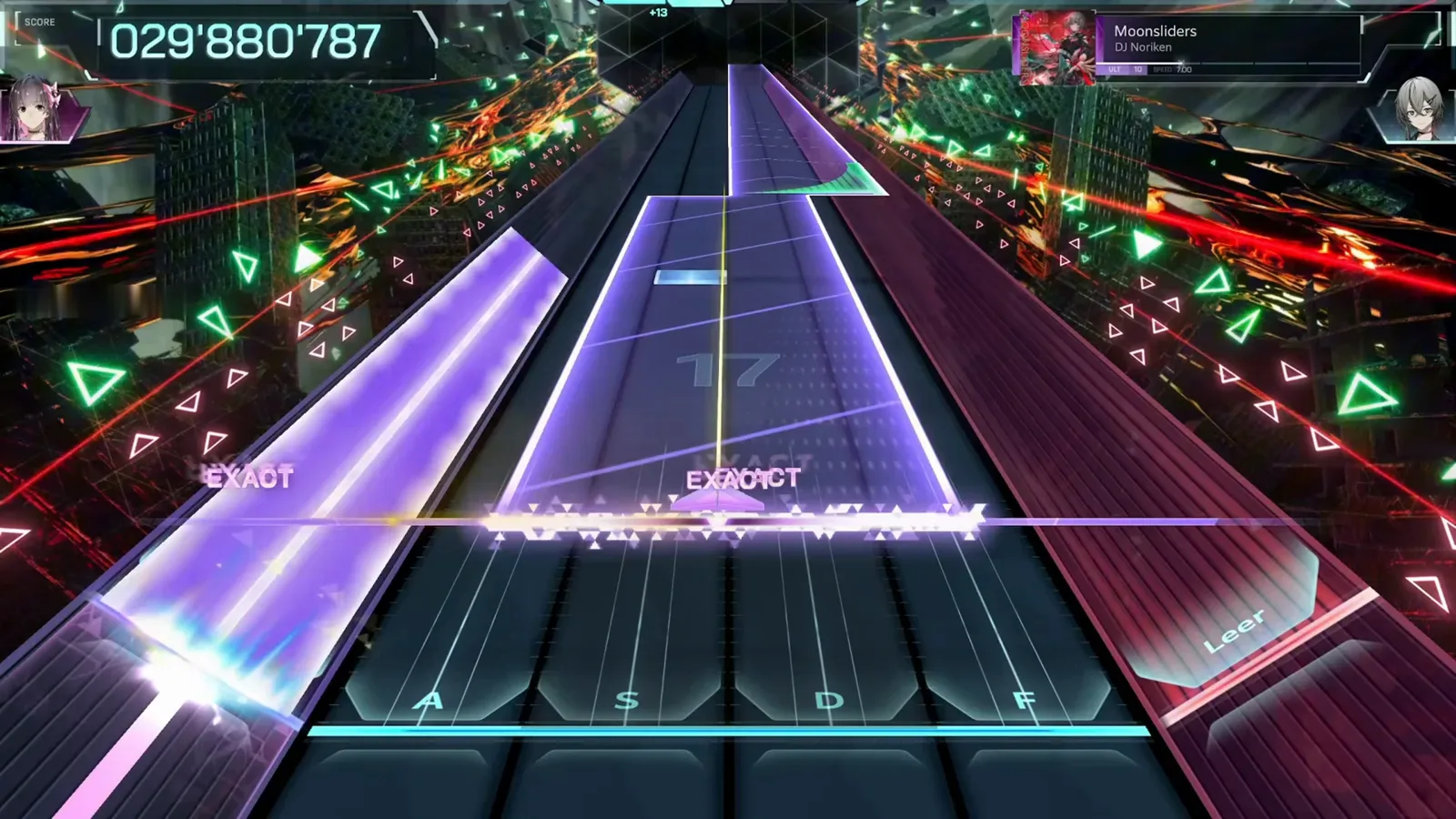 A tall purple hold wall fills the right half of the Moonsliders ULT 10 highway in In Falsus as EXACT judgements tick along the judgement line