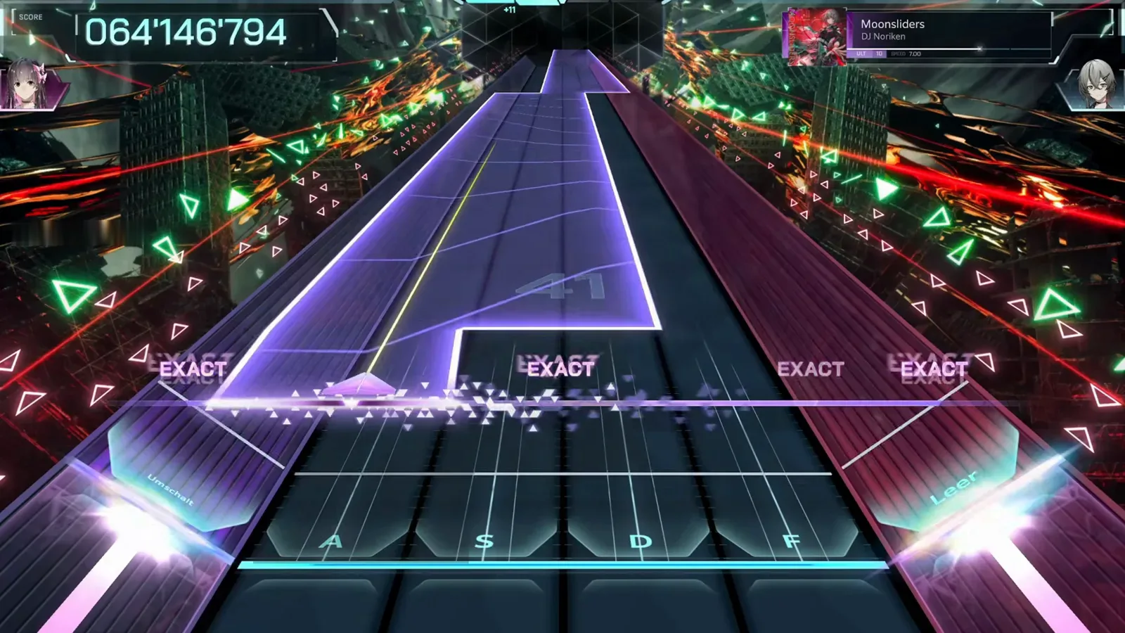 A staircase-shaped hold wall descends across the lanes of the Moonsliders ULT 10 chart in In Falsus with EXACT judgements marking each step of the walk