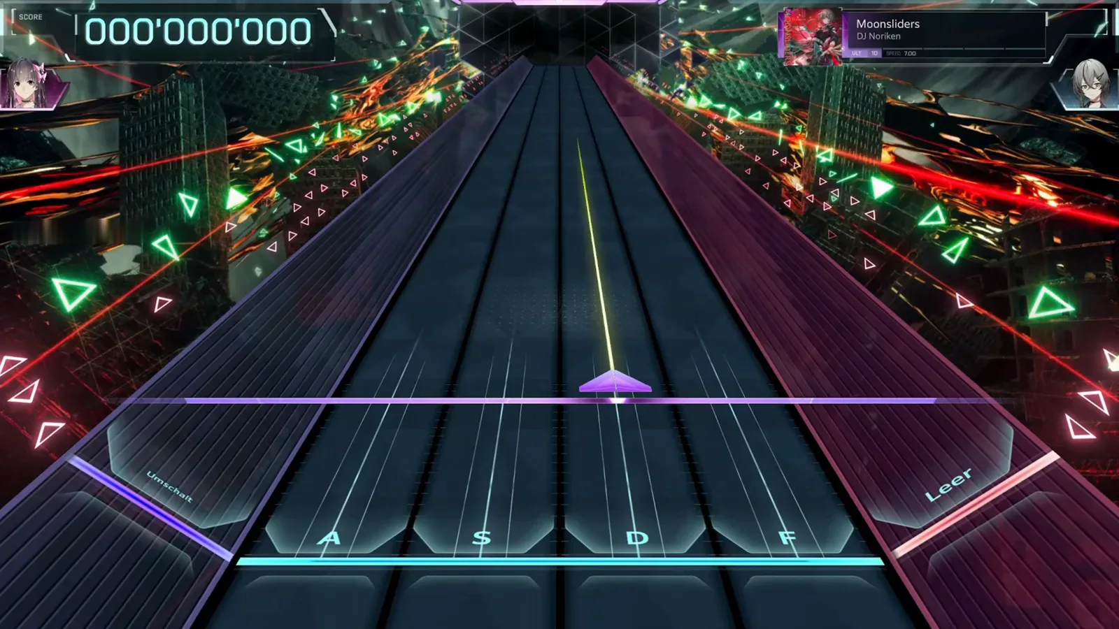 The Moonsliders ULT 10 chart opens in In Falsus on an empty six-lane highway with A S D F key lanes and German-labelled Umschalt and Leer side lanes, the score counter still at 000'000'000