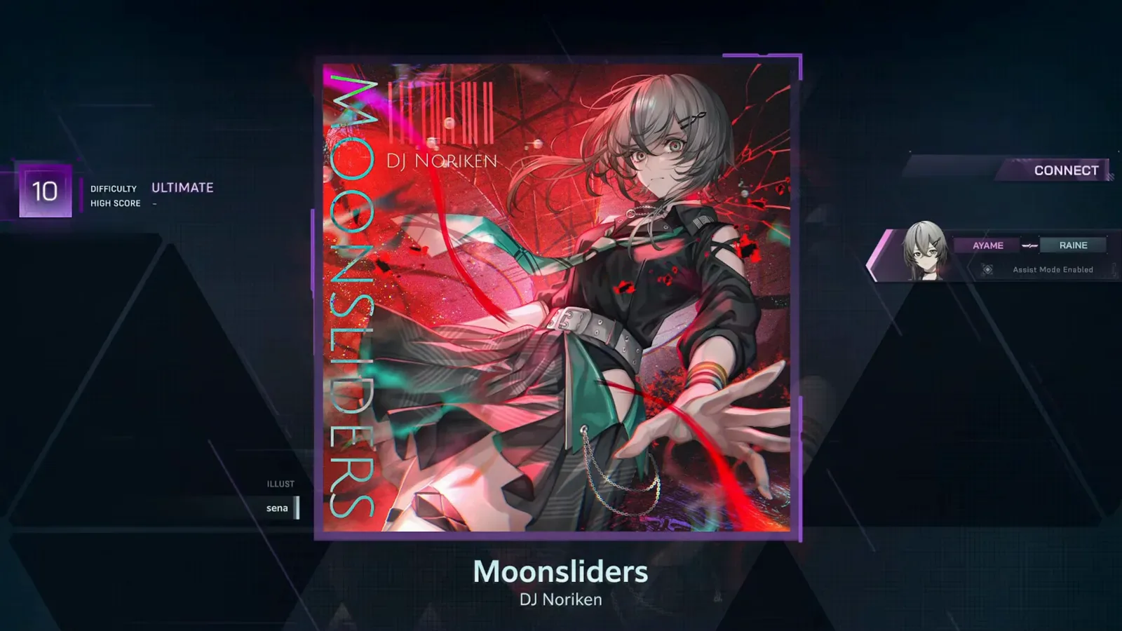 The CONNECT partner panel in In Falsus listing AYAME and RAINE side by side with an Assist Mode Enabled tag, shown on the Moonsliders song select screen