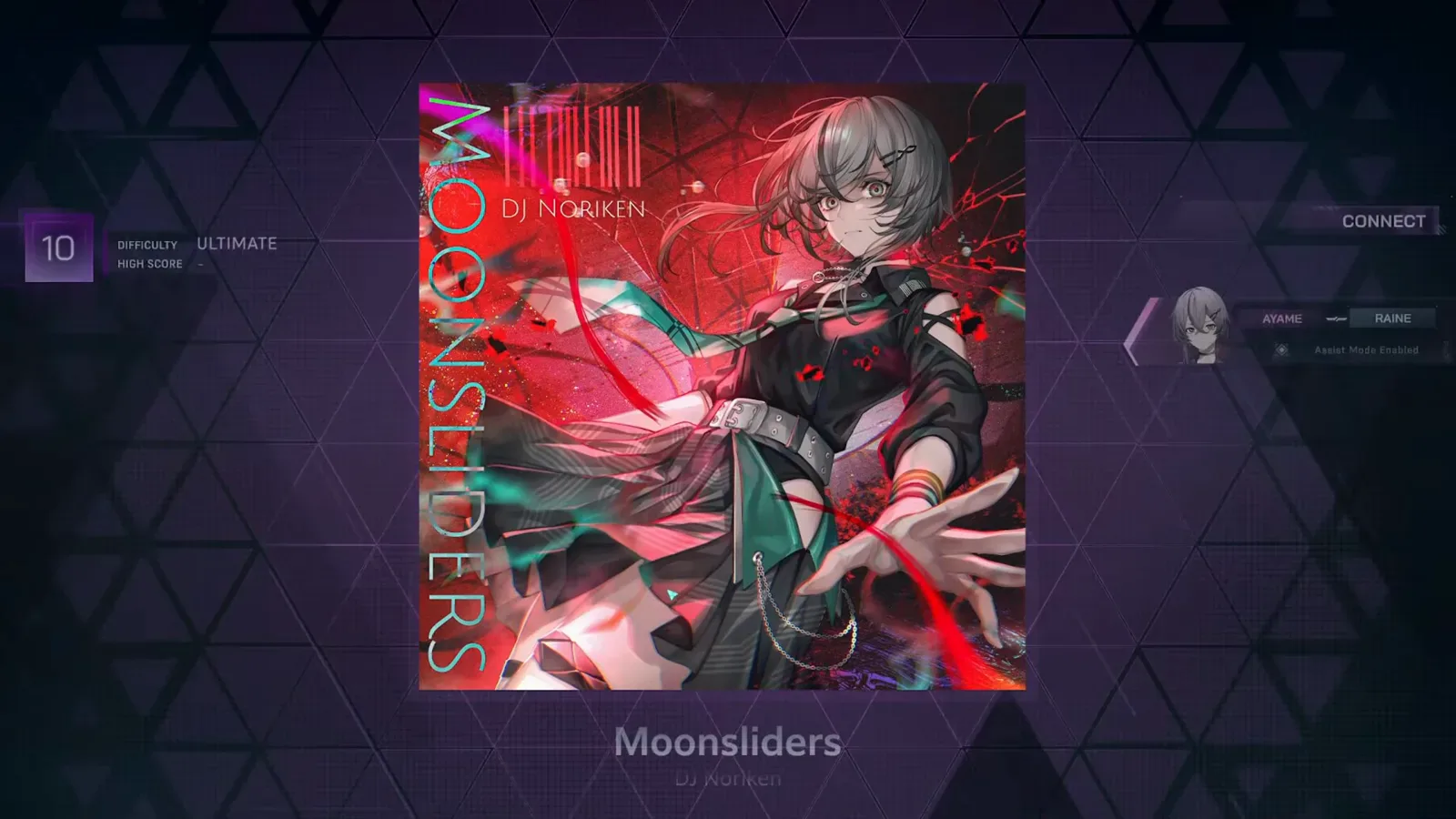 In Falsus song select screen with Moonsliders by DJ Noriken loaded, the DIFFICULTY ULTIMATE badge reading 10 and a blank HIGH SCORE confirming a first sightread
