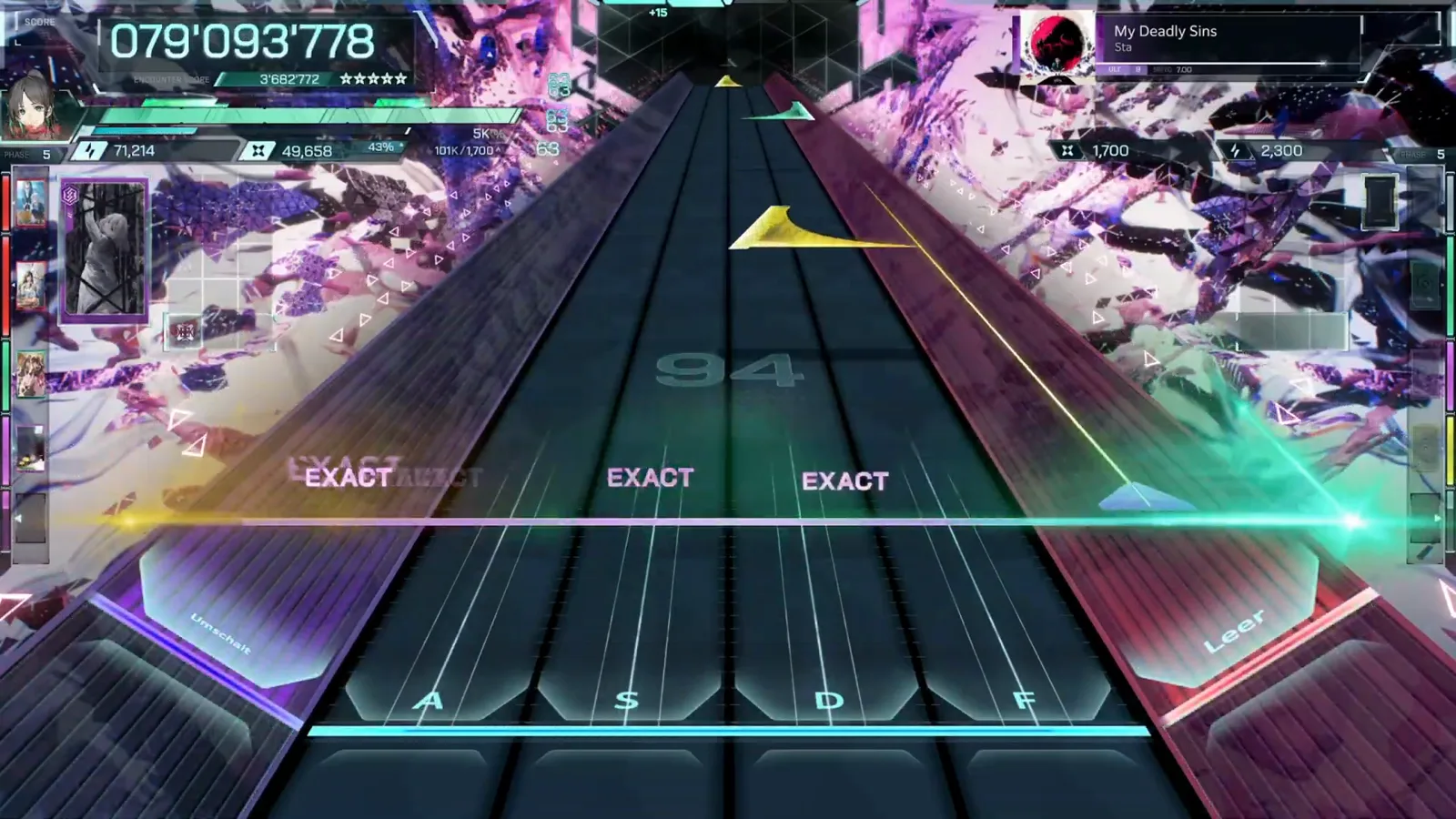 Flicks in the final stretch My Deadly Sins ULTIMATE 9 final flicks in In Falsus with a yellow wedge note, a green laser sweep and four EXACT pops at combo 94