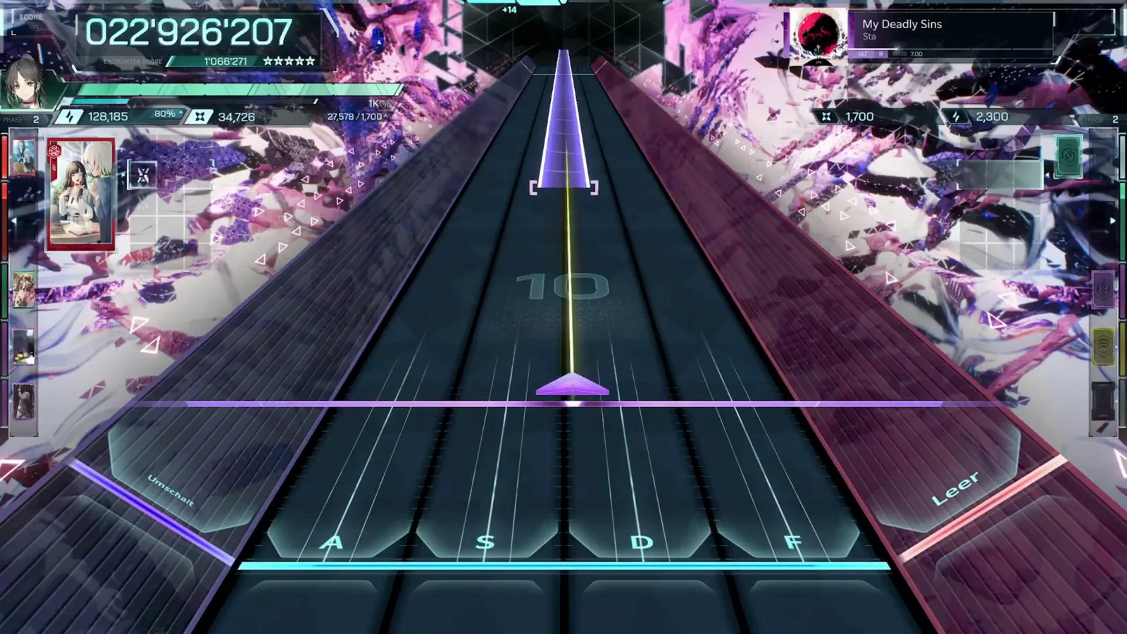 Held laser on lane D My Deadly Sins ULTIMATE 9 midchart laser pad in In Falsus, the purple triangle holding lane D under a yellow guide line at combo 10