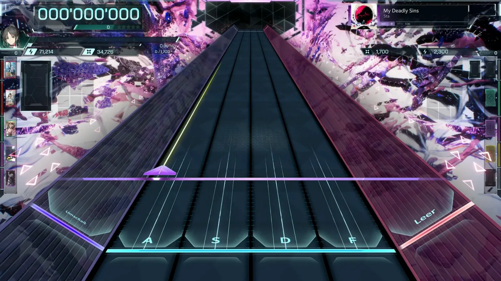 Intro hold at score zero My Deadly Sins ULT 9 opening in In Falsus with the first purple hold sliding down lane A while the score still reads 000'000'000