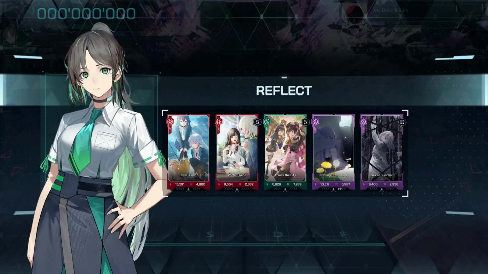 The REFLECT card rail In Falsus ULT 9 REFLECT intro showing the five equipped memory cards over My Deadly Sins' frozen highway while the score reads zero
