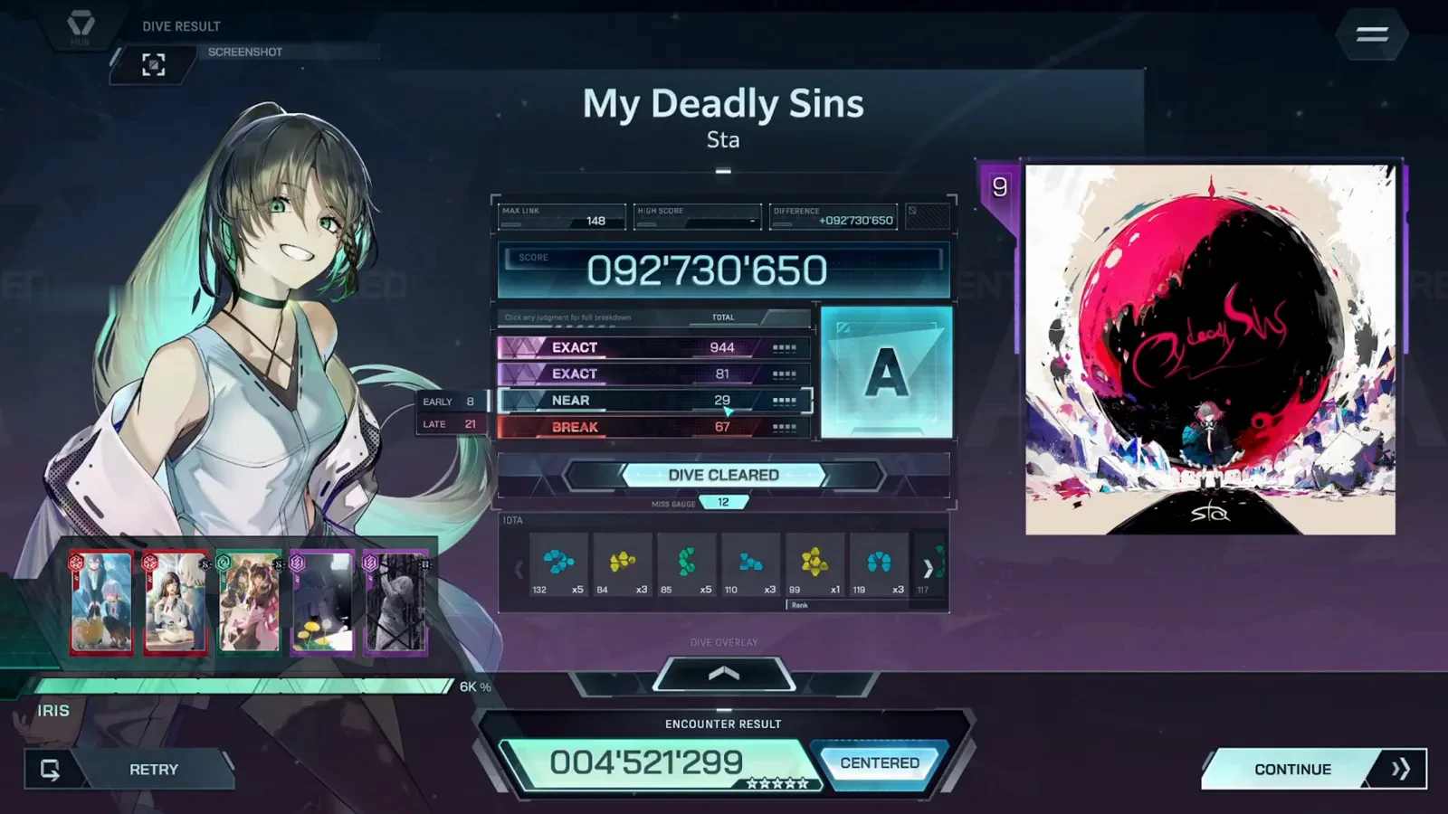 The settled result card In Falsus My Deadly Sins ULT 9 result card with rank A on 092'730'650, EXACT 944 + 81, NEAR 29, BREAK 67 and the CENTERED encounter chip