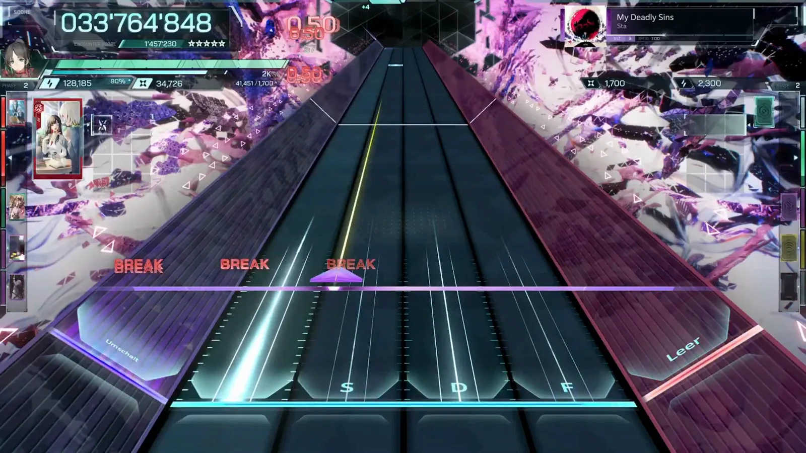 The triple BREAK bar In Falsus My Deadly Sins ULT 9 triple BREAK band flashing red across three lanes at 033'764'848 as the 2K milestone chip pops