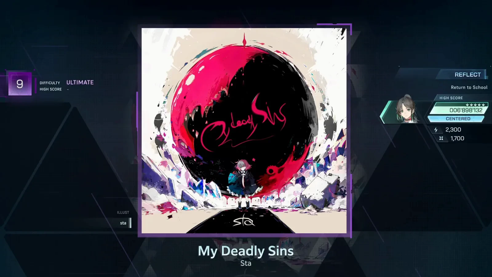 My Deadly Sins detail screen — ULTIMATE 9 In Falsus My Deadly Sins song detail screen showing DIFFICULTY ULTIMATE 9, a HIGH SCORE dash and the REFLECT Return to School mission panel
