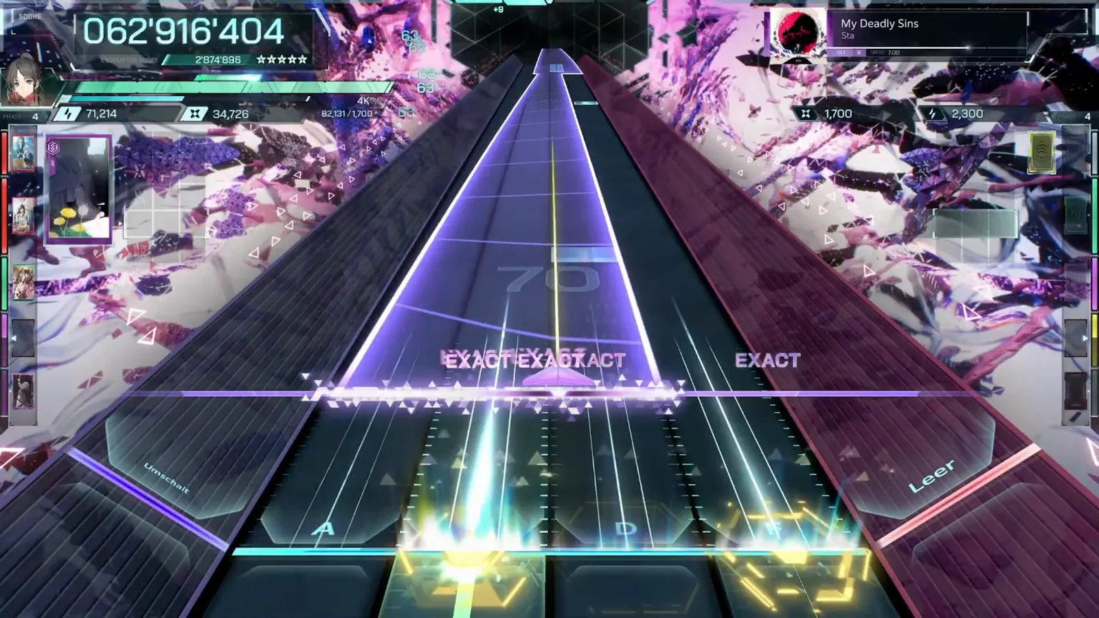 The full-lane wedge In Falsus My Deadly Sins full-lane purple wedge at ULT 9 with three EXACT judgements landing together and yellow field bursts firing on the pads