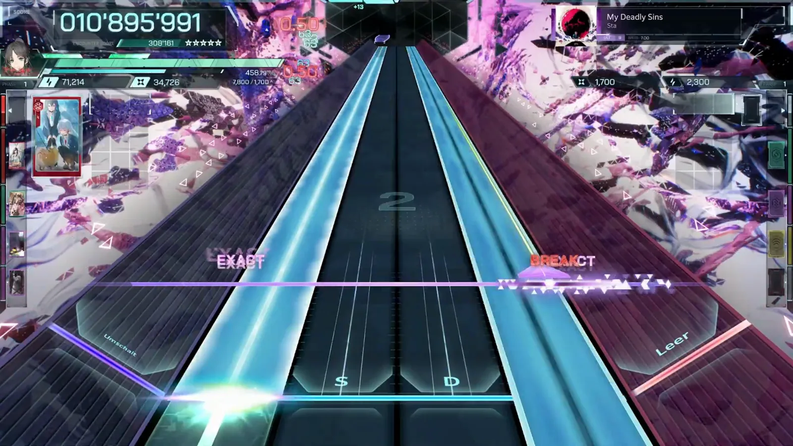 The first BREAK In Falsus My Deadly Sins ULT 9: wide cyan holds as a red BREAK judgement lands at 010'895'991 and the combo rebuilds from 2