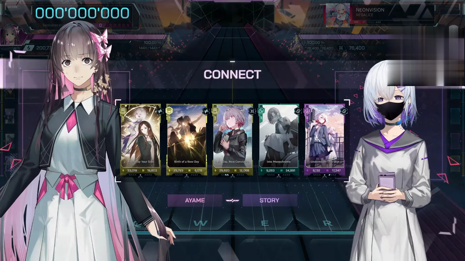 The CONNECT loadout splash In Falsus NEONViSION FBD 11 CONNECT splash: AYAME and STORY beside the five-card deck at 000'000'000