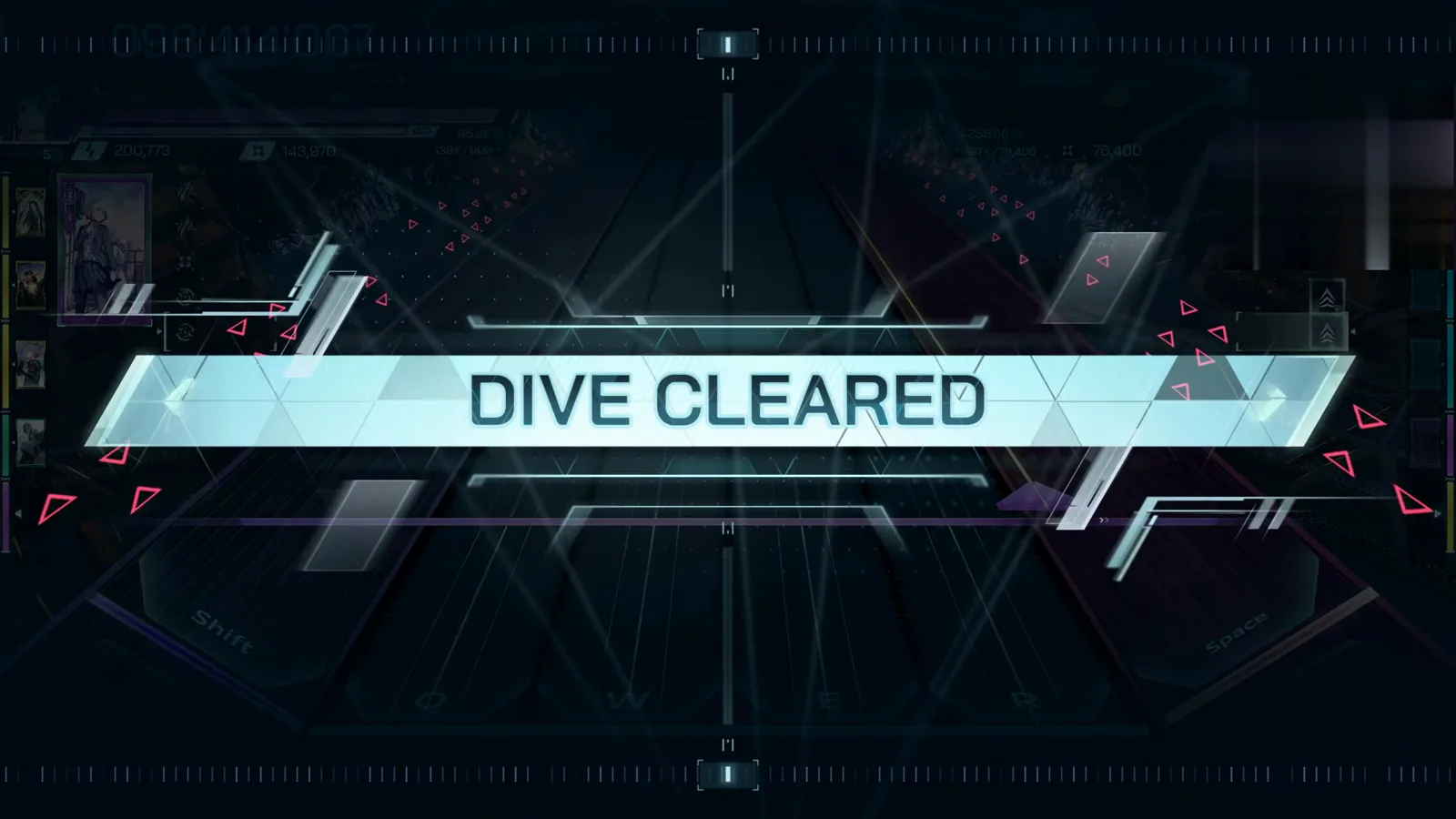 The DIVE CLEARED banner In Falsus DIVE CLEARED banner over the darkened NEONViSION FBD 11 highway with the HUD frozen at 098'414'067