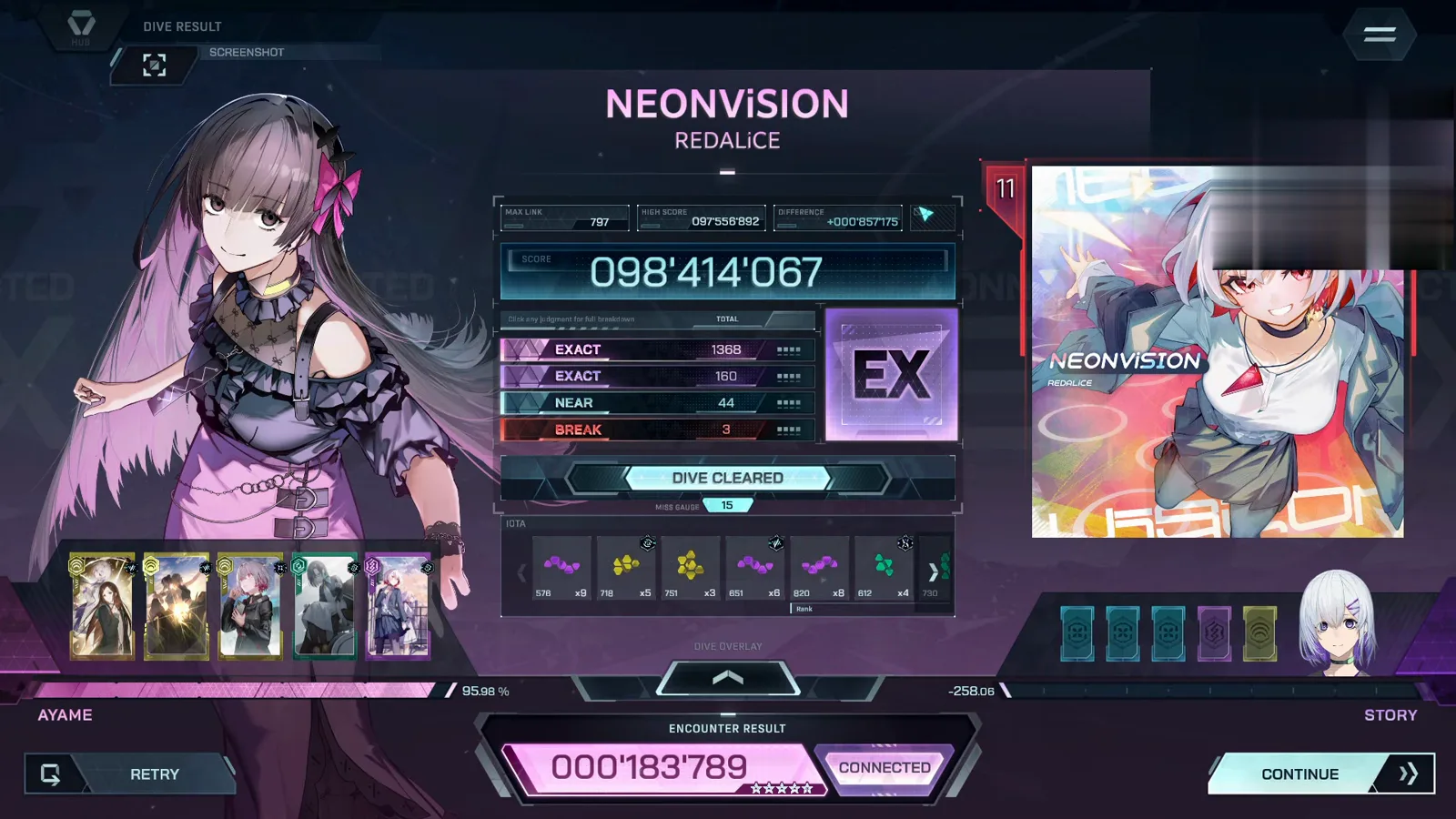 The settled result card In Falsus NEONViSION FBD 11 result card: rank EX, MAX LINK 797, EXACT 1368 + 160, NEAR 44, BREAK 3, CONNECTED encounter