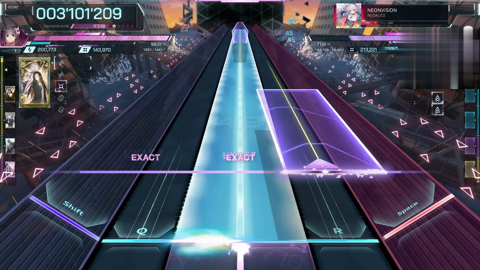 The full-width cyan beam In Falsus NEONViSION FBD 11 wide cyan beam with an EXACT EXACT row as a violet slab crosses the line at 003'101'209