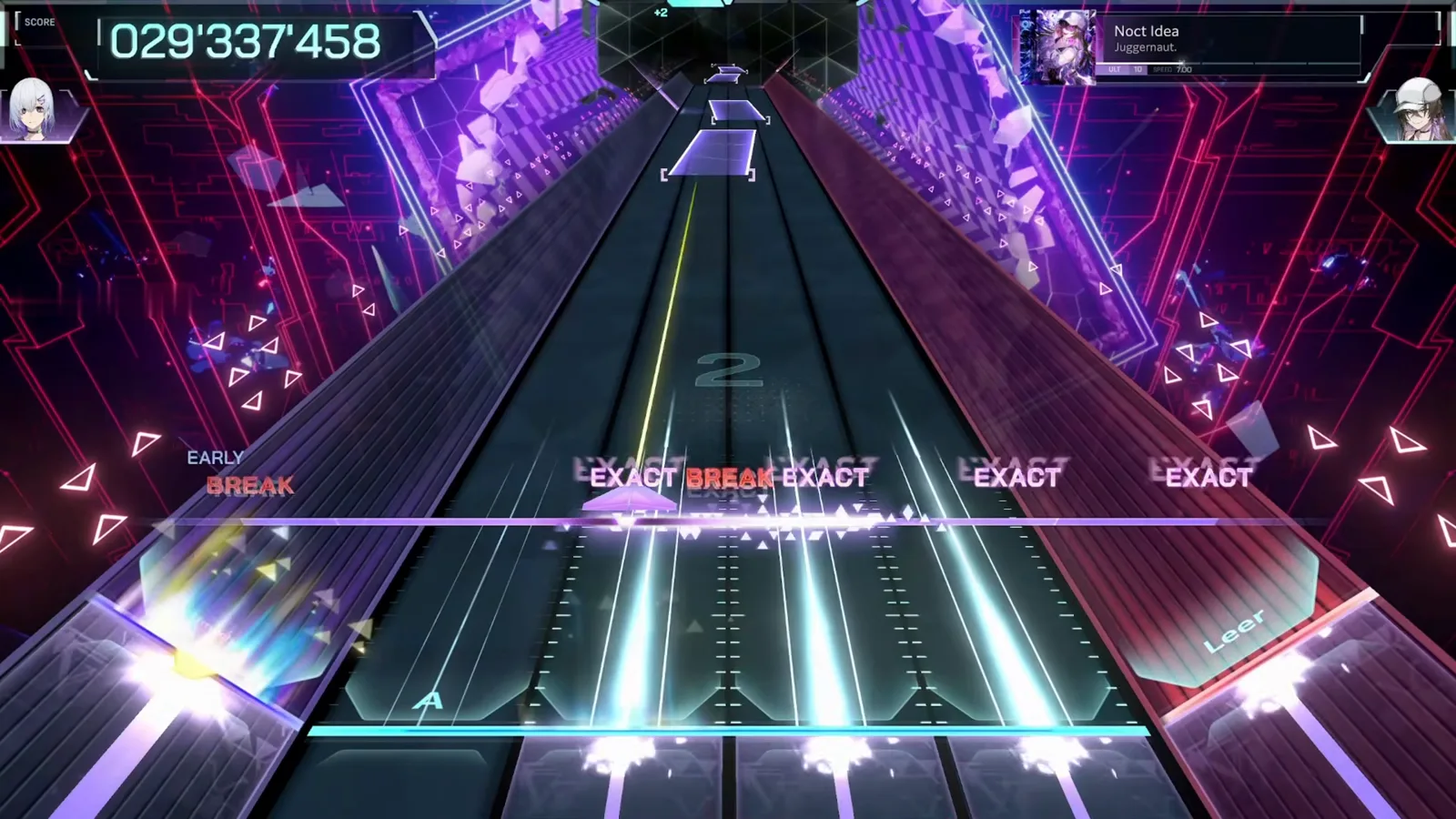 In FalsusのNoct Idea ULT 10譜面で、赤いBREAK判定がEXACTラベルの間に光り、コンボが切れ、黄色い六角形シールドがレーンに瞬く