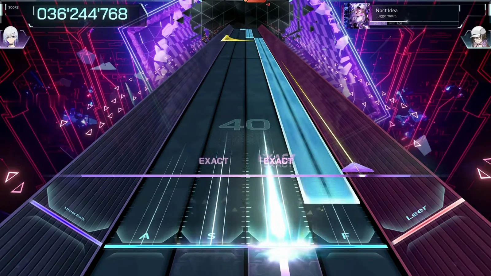 In FalsusのNoct Idea ULT 10ハイウェイ中央に高くそびえるシアンのビームウォール、上から降りる黄色いウェッジ、ラインを鳴らすEXACT判定