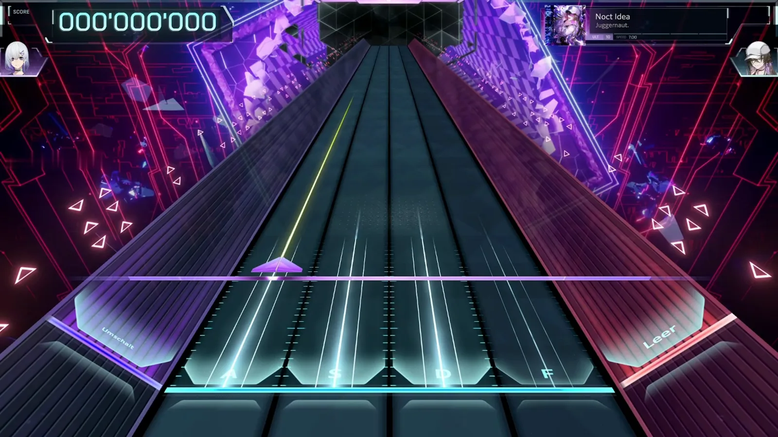 In FalsusのNoct Idea ULT 10開始直後のハイウェイ：空のA S D Fレーン、右端にドイツ語のLeerサイドラベル、スコア000'000'000、最初の紫のウェッジが滑り込む