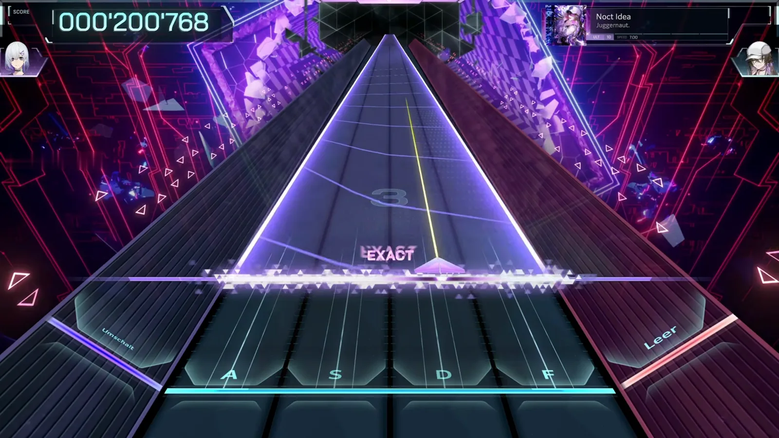 In FalsusのNoct Idea ULT 10ハイウェイ全幅に半透明の三角ウォールが描かれ、判定ラインで最初のEXACT判定が連なる