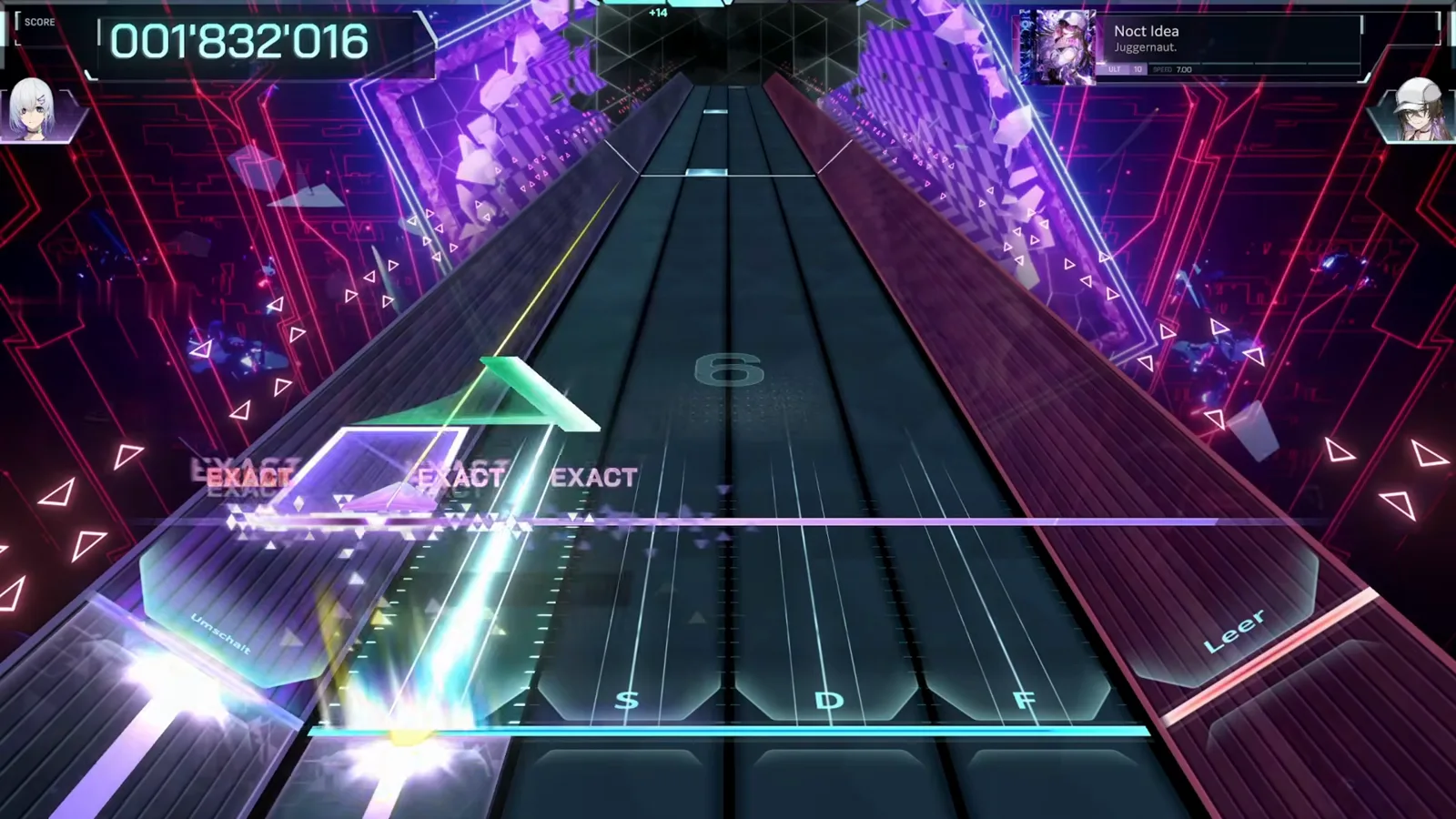 In FalsusのNoct Idea ULT 10ハイウェイにラベンダーの半透明パネルが降り、緑のウェッジノートが交差し、3つのEXACT判定がラインに積み重なる