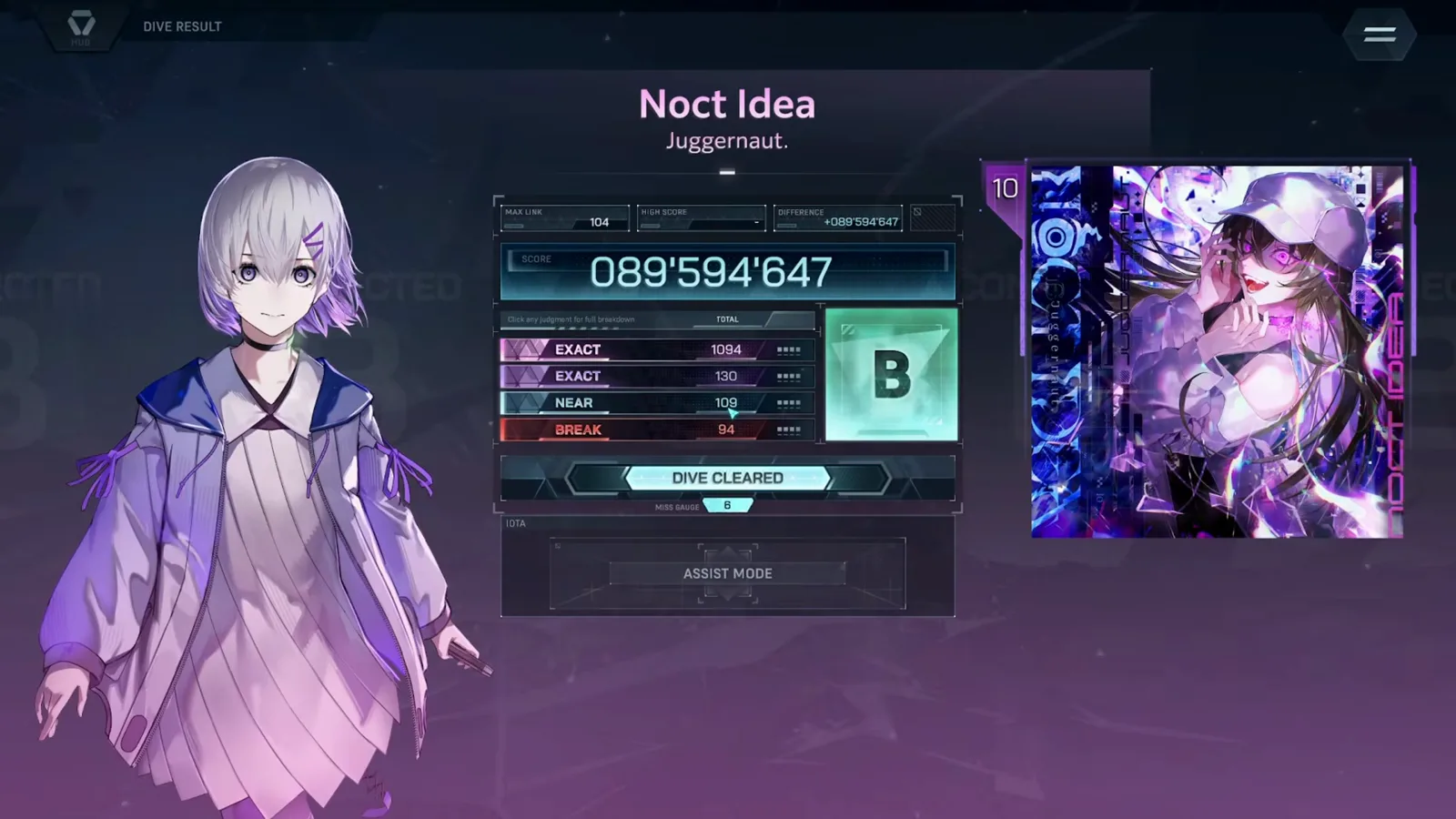 In FalsusのNoct Idea ULT 10 DIVE RESULTカード：ランクB、スコア089'594'647、EXACT 1,094+130、NEAR 109、BREAK 94、横には白キャップのジャケットアート