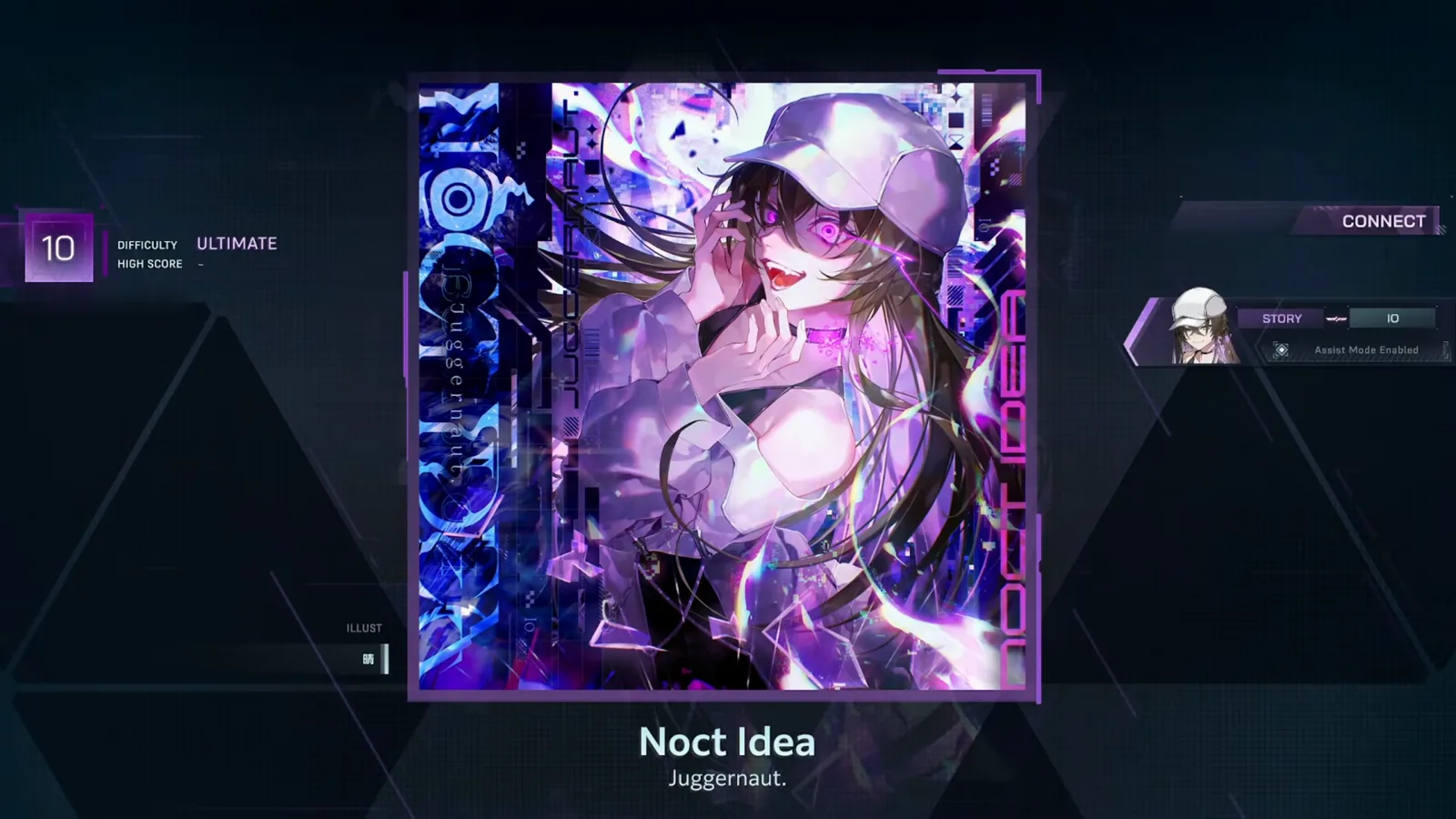 In FalsusのNoct Idea（Juggernaut.）ジャケットカード：グリッチ調ネオンの上に立つ白いキャップのキャラクター、レベル10バッジ、右端のCONNECTの文字