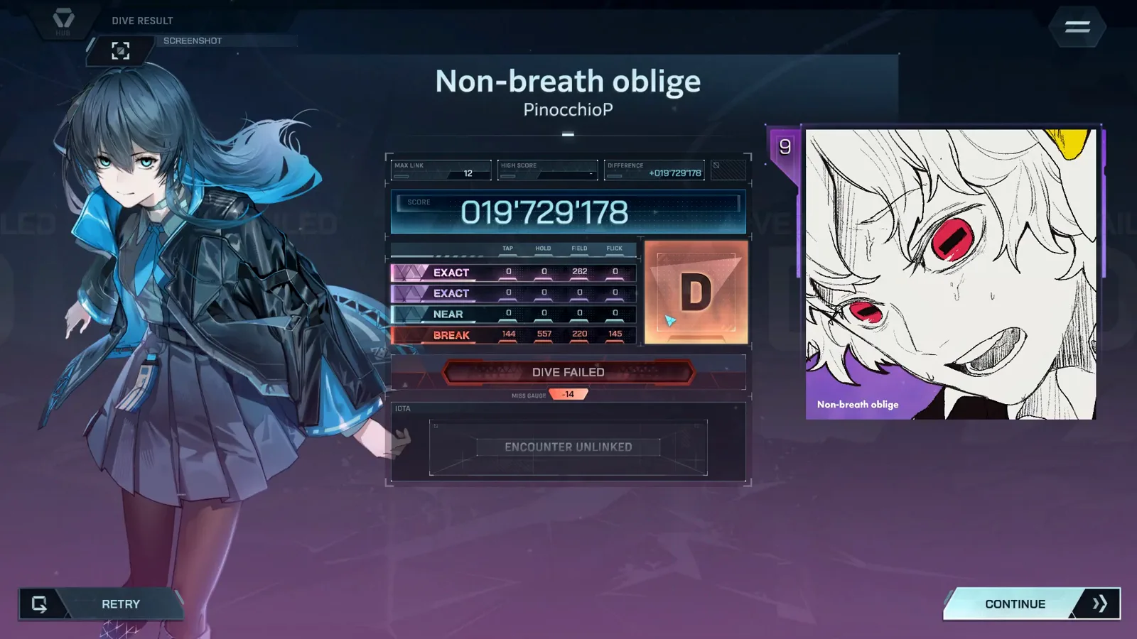 The autoplay card In Falsus DIVE RESULT for Non-breath oblige ULT 9: rank D, DIVE FAILED, EXACT 262, BREAK 1,066 and a blank HIGH SCORE