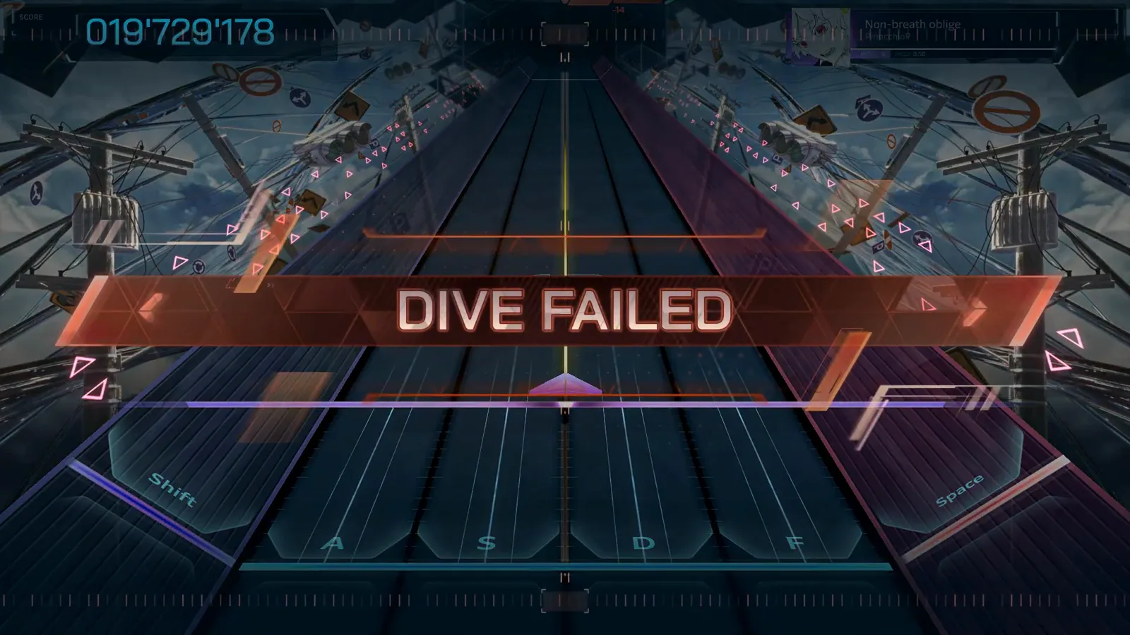 DIVE FAILED The red DIVE FAILED banner sweeps the emptied In Falsus highway with Non-breath oblige's score frozen at 019'729'178