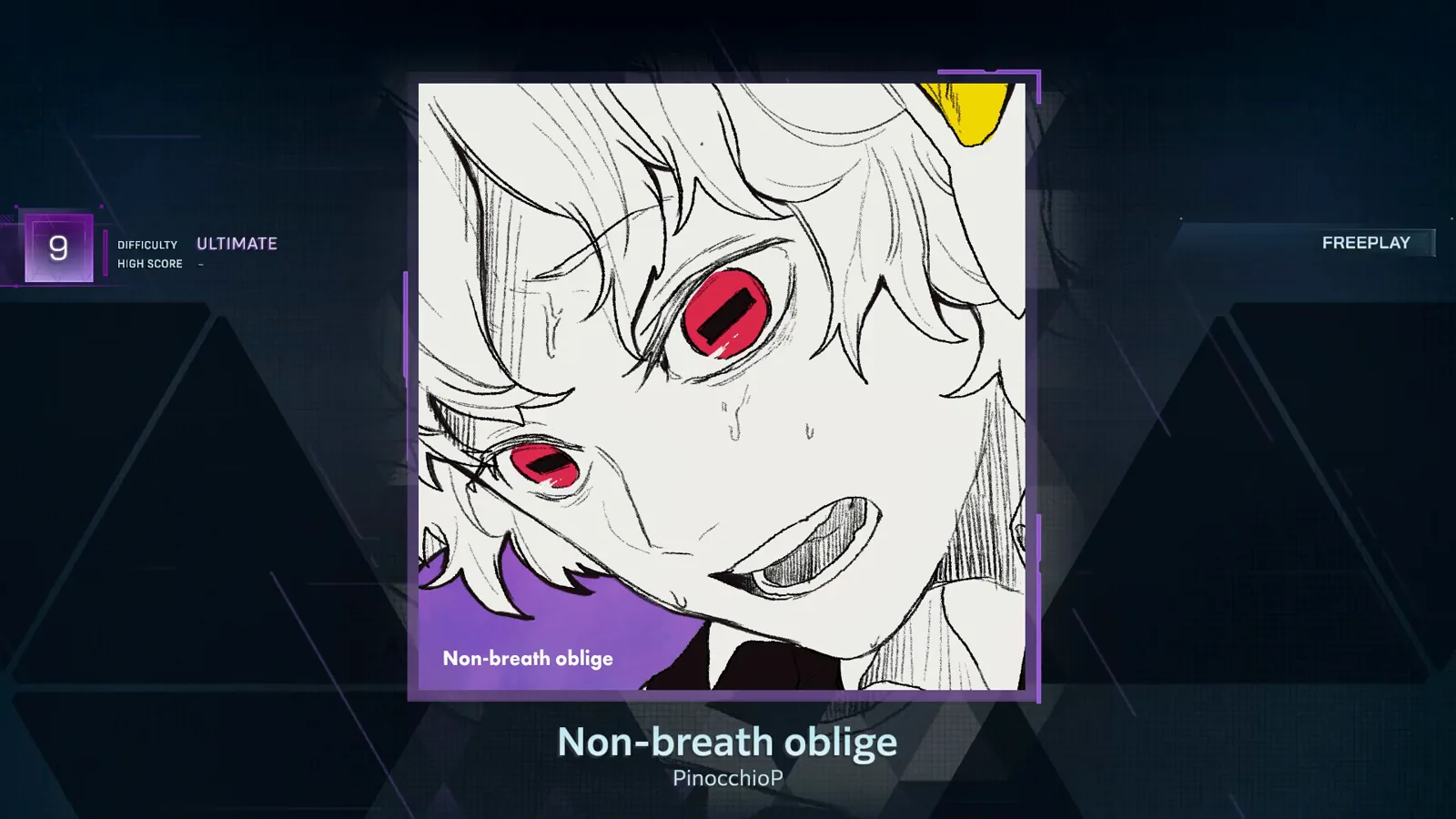 The menu card In Falsus freeplay card for Non-breath oblige by PinocchioP with a violet ULTIMATE 9 chip and an empty HIGH SCORE slot