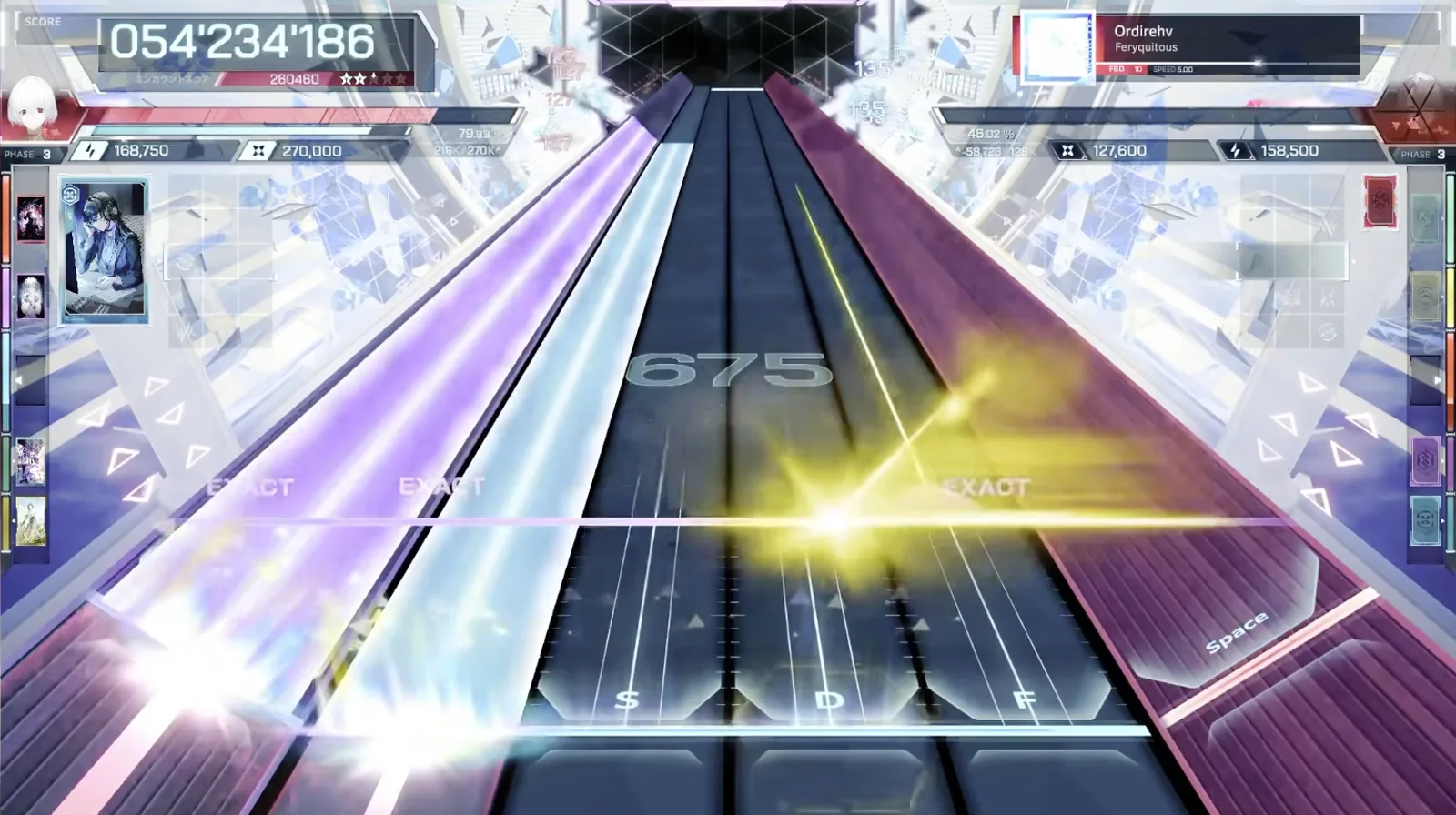 The dual-beam burst Dual violet and white beams under a gold burst at combo 675 in In Falsus's Ordirehv FBD 10 chart