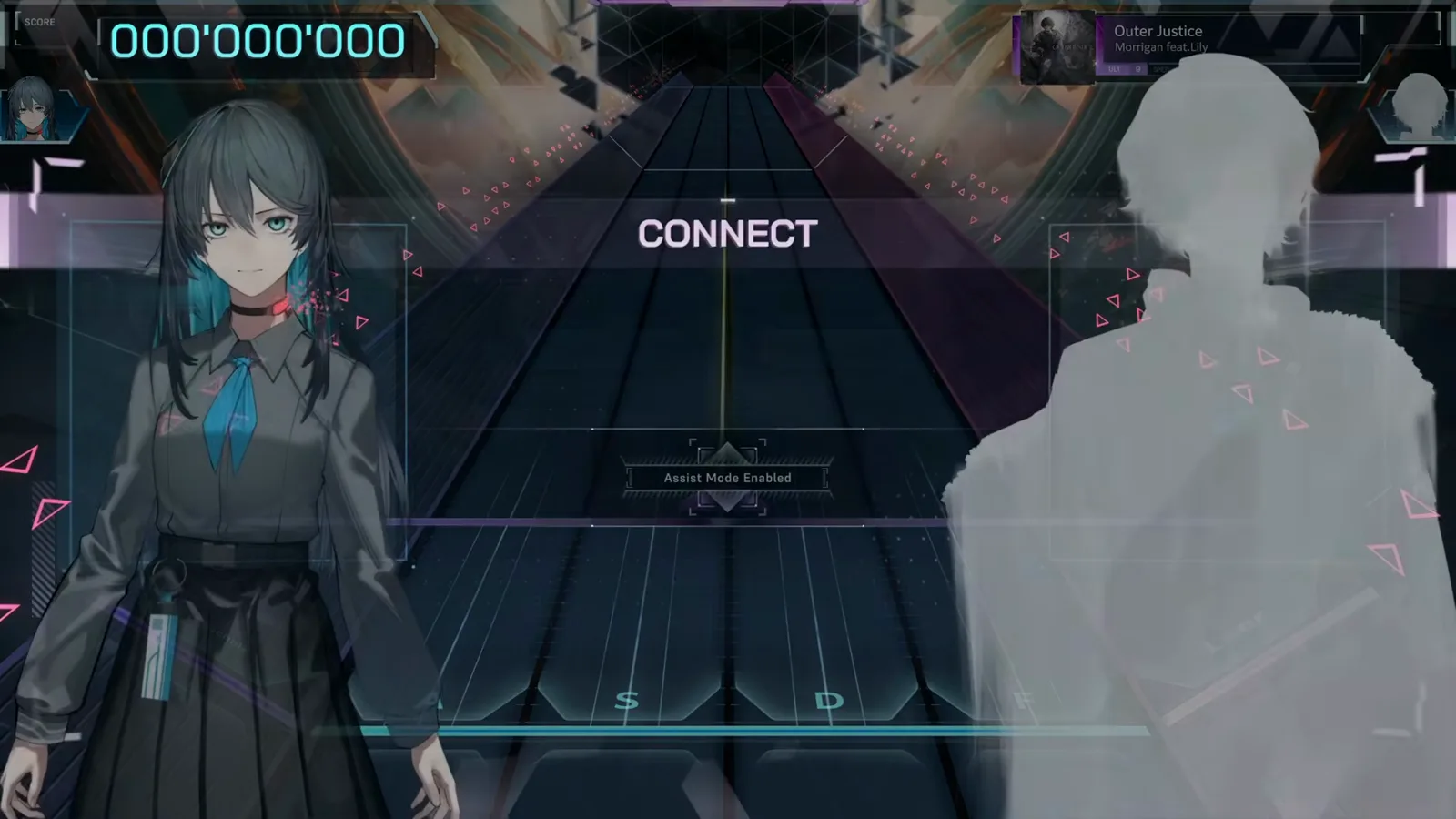 CONNECT — Assist Mode Enabled The CONNECT screen before the Outer Justice ULT 9 dive in In Falsus, both characters facing the empty highway while an Assist Mode Enabled banner hangs under the zeroed score