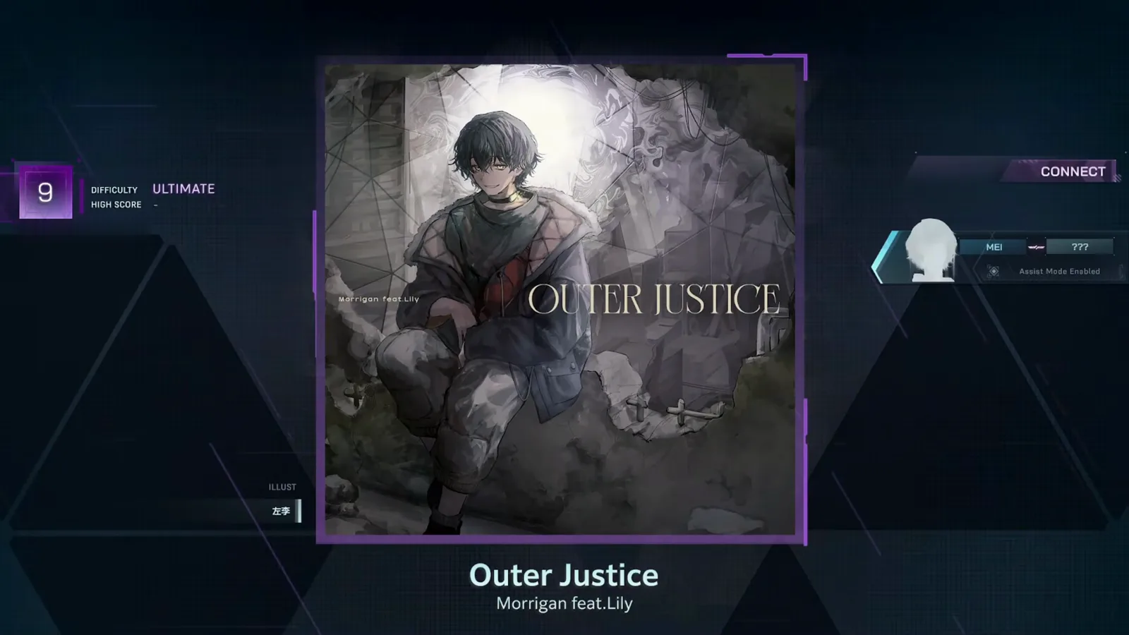 Difficulty details — ULTIMATE 9 In Falsus difficulty details for Outer Justice ULT 9: a purple level 9 box beside DIFFICULTY ULTIMATE and an empty HIGH SCORE, with the MEI versus ??? bar tagging Assist Mode Enabled