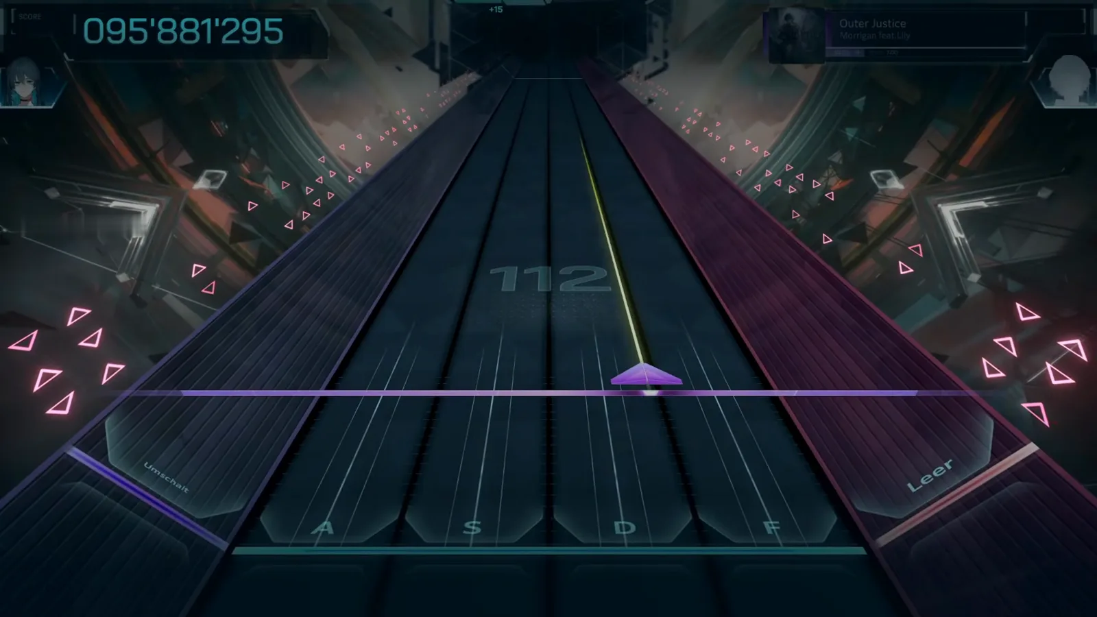 Final stretch in the dark The dark final stretch of Outer Justice ULT 9 in In Falsus with the combo at 112, the score stopped at its final 095'881'295 and pink triangles closing out the last seconds