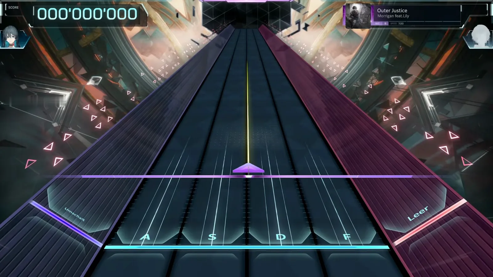 Highway, zeroed — German client In Falsus highway at the start of the Outer Justice ULT 9 chart with the score at 000'000'000, A S D F key lanes, German side rails reading Umschalt and Leer, and the HUD card confirming ULT 9 at SPEED 7.00