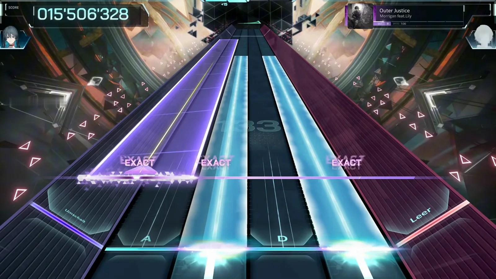 Violet hold vs twin cyan beams The Outer Justice ULT 9 opening in In Falsus: a wide violet hold strip on the left lanes against twin cyan beams down the middle and right, three EXACT judgements landing as the combo climbs through 133