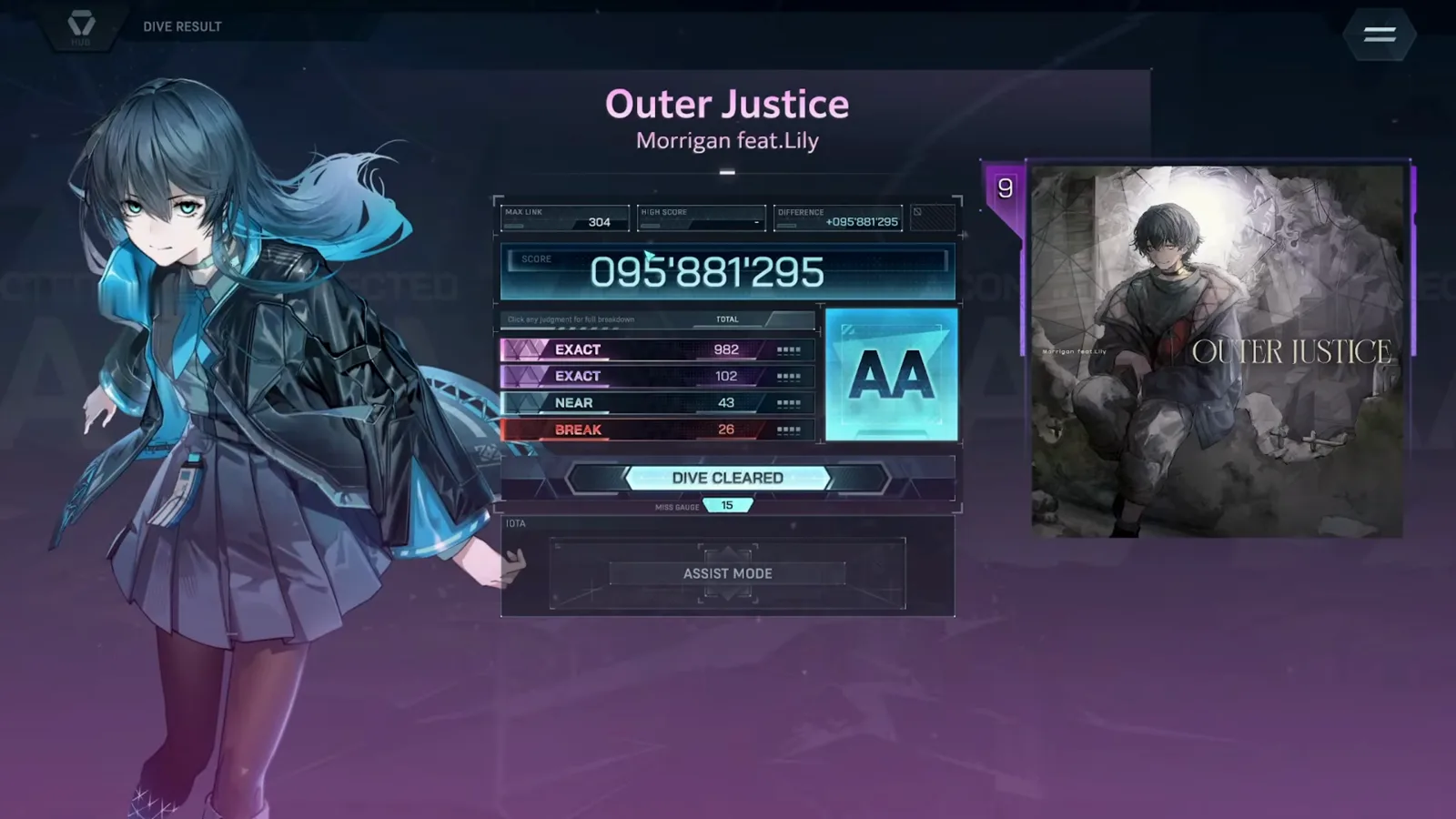 DIVE RESULT — rank AA The Outer Justice ULT 9 DIVE RESULT card in In Falsus showing rank AA at 095'881'295 with EXACT 982 plus 102, NEAR 43, BREAK 26, MAX LINK 304, MISS GAUGE 15 and an ASSIST MODE slot in the IOTA row