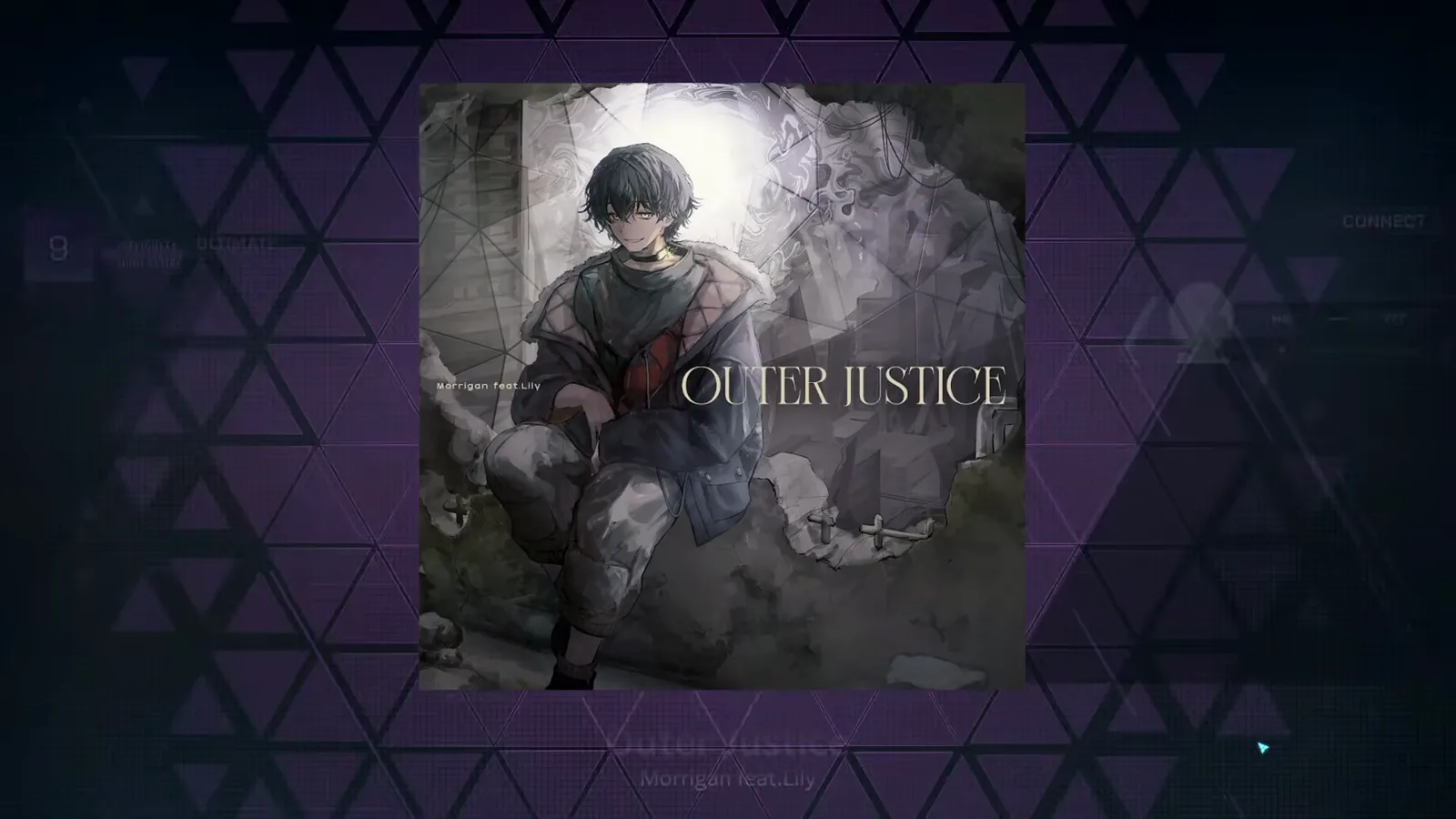 Song select — ULT 9 picked In Falsus song select showing the Outer Justice card by Morrigan feat.Lily over a purple hexagon field, the level rail top left reading 9 ULTIMATE and a CONNECT button waiting top right