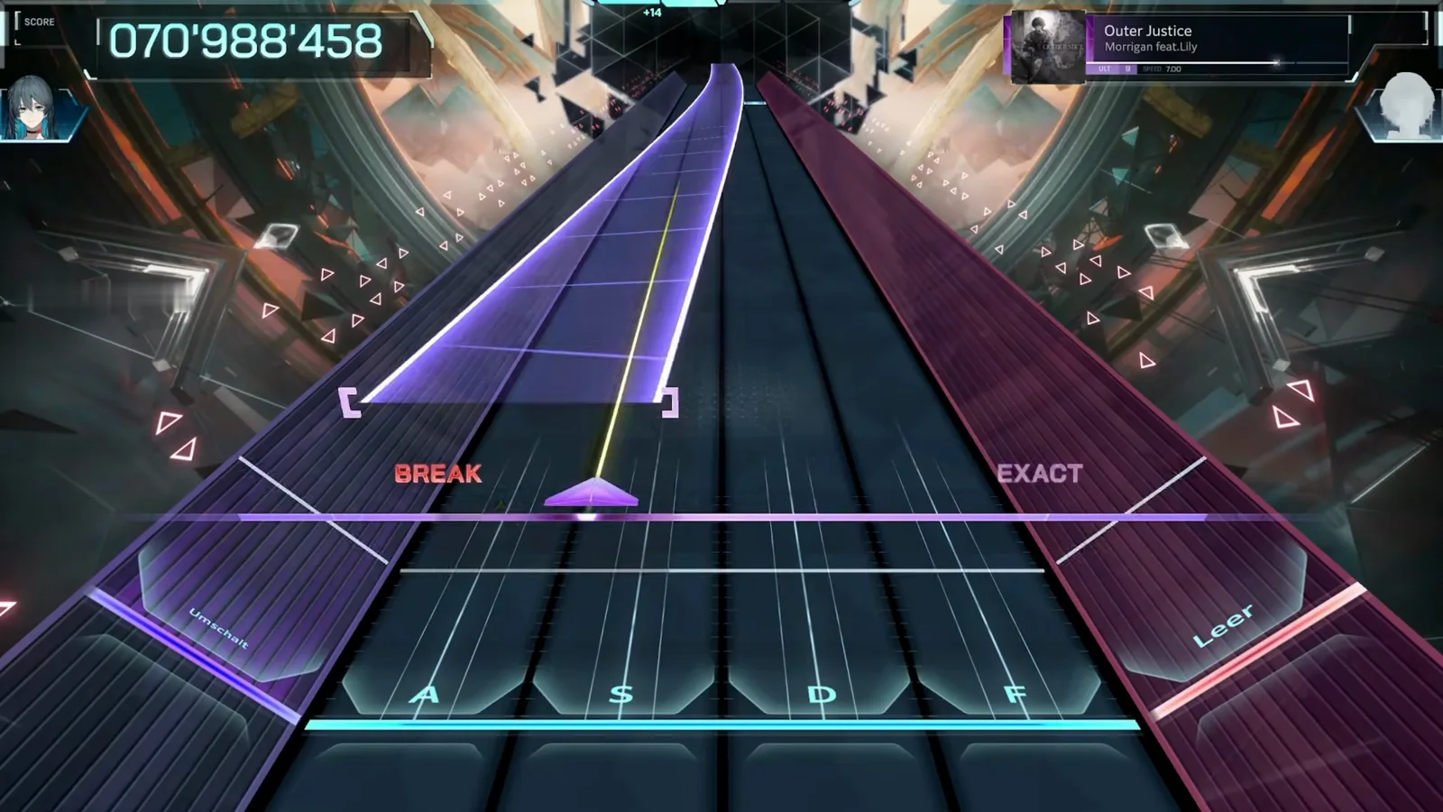 Panels over the lanes, and a BREAK A translucent violet panel with corner brackets covers the left lanes of the Outer Justice ULT 9 chart in In Falsus as a red BREAK flashes beside an EXACT under a yellow hold line